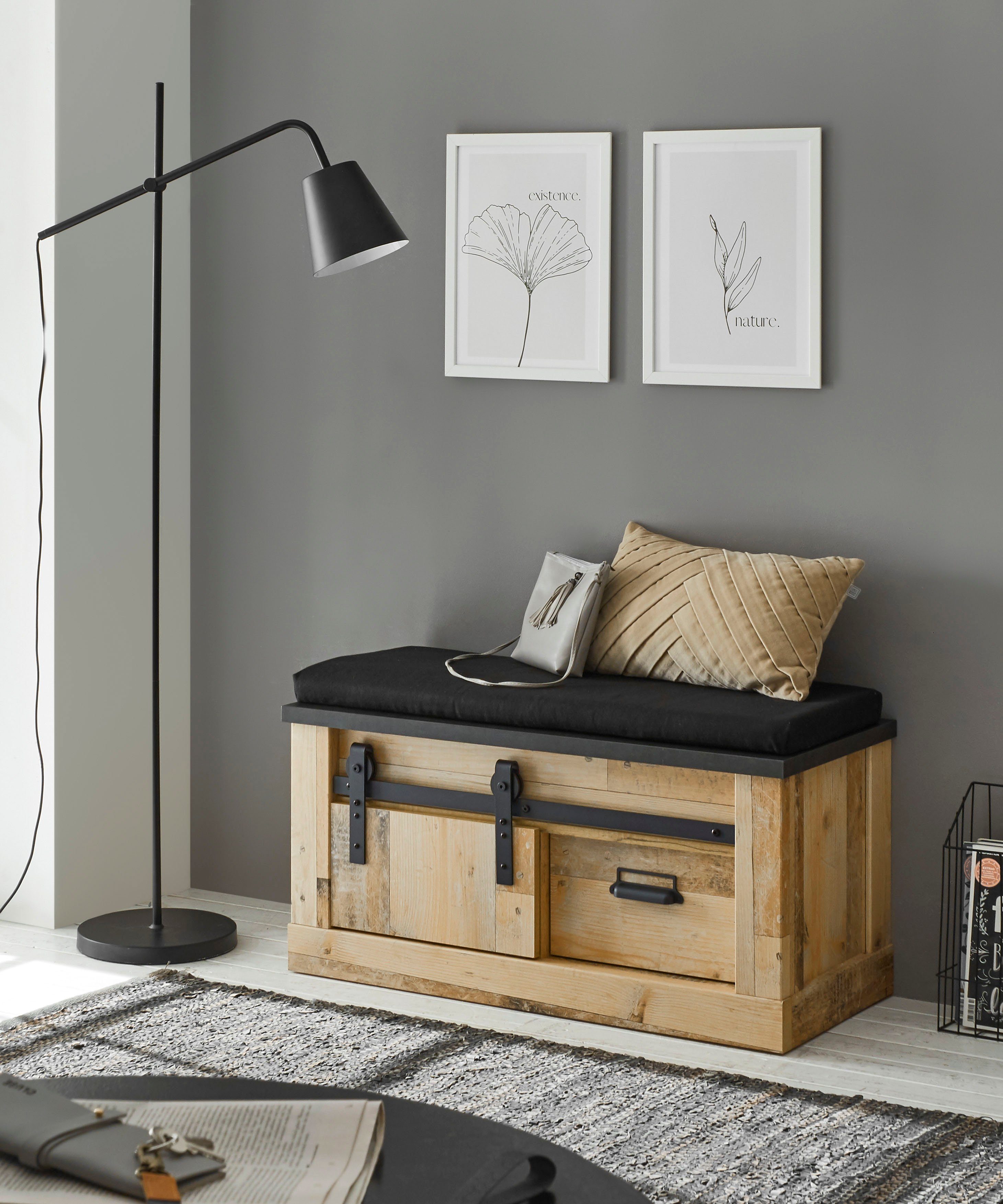 Home affaire Zitbank Sherwood moderne houtdecor, met schuurdeurbeslag van metaal, breedte 93 cm