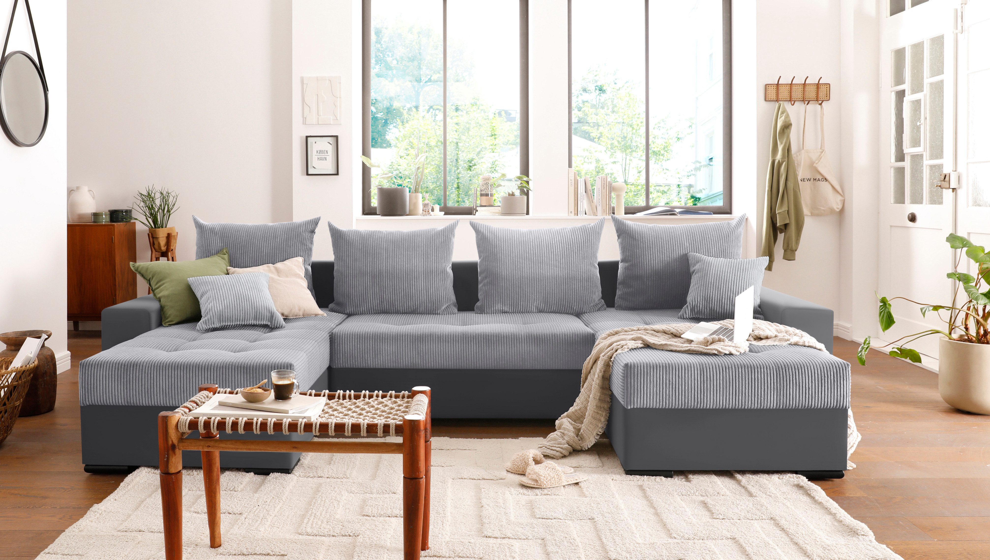 COLLECTION AB Zithoek XL-Josy U-vorm, breedte 313 cm, cord-/mix incl. bedfunctie, bedlade, met 4 gelijk grote rugkussens