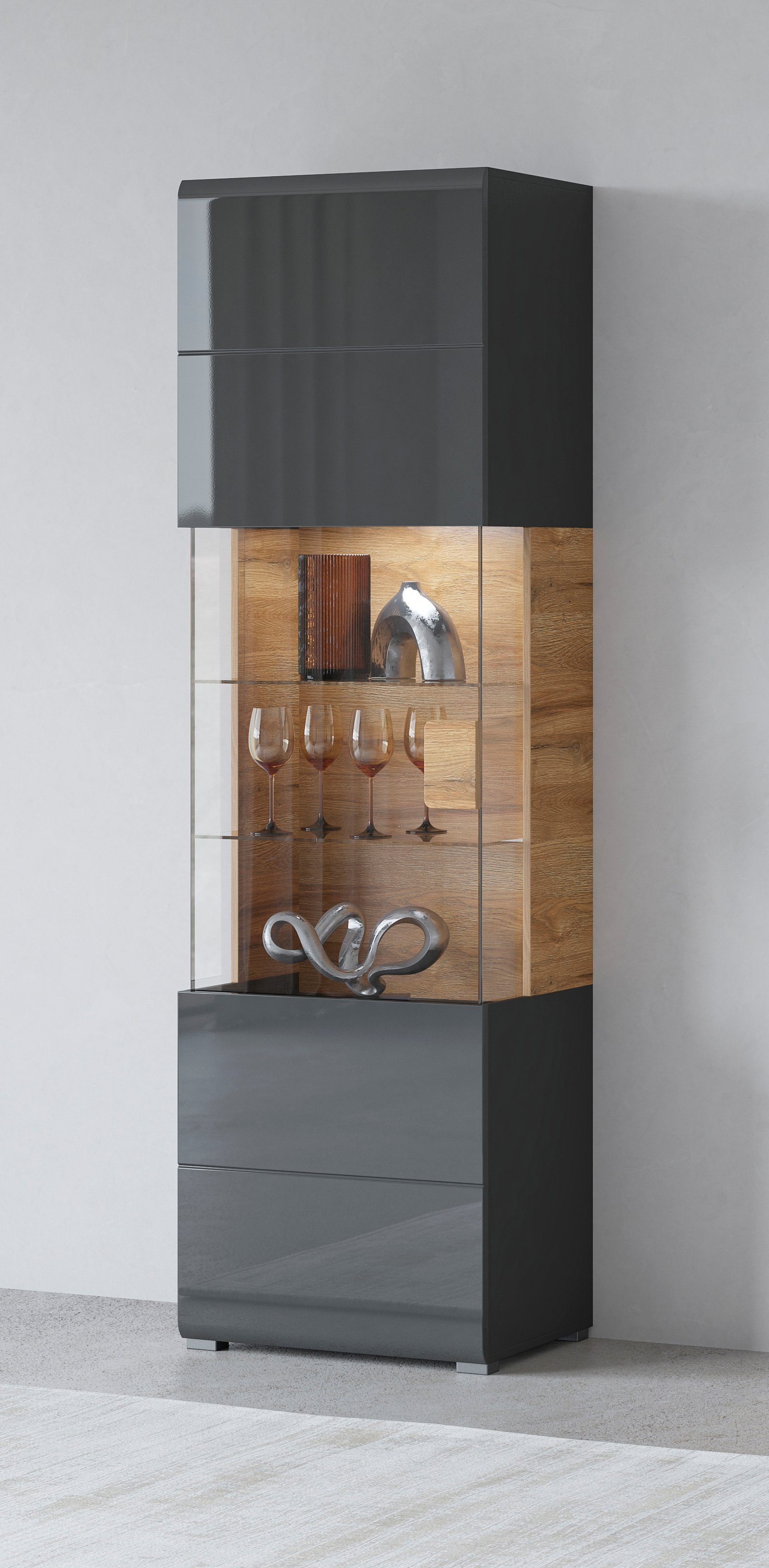 INOSIGN Vitrinekast Toledo, hoogte 204 cm trendy glazen vitrine met decoratieve frezingen Standvitrine zonder verlichting, veel opbergruimte, hoogglans front MDF