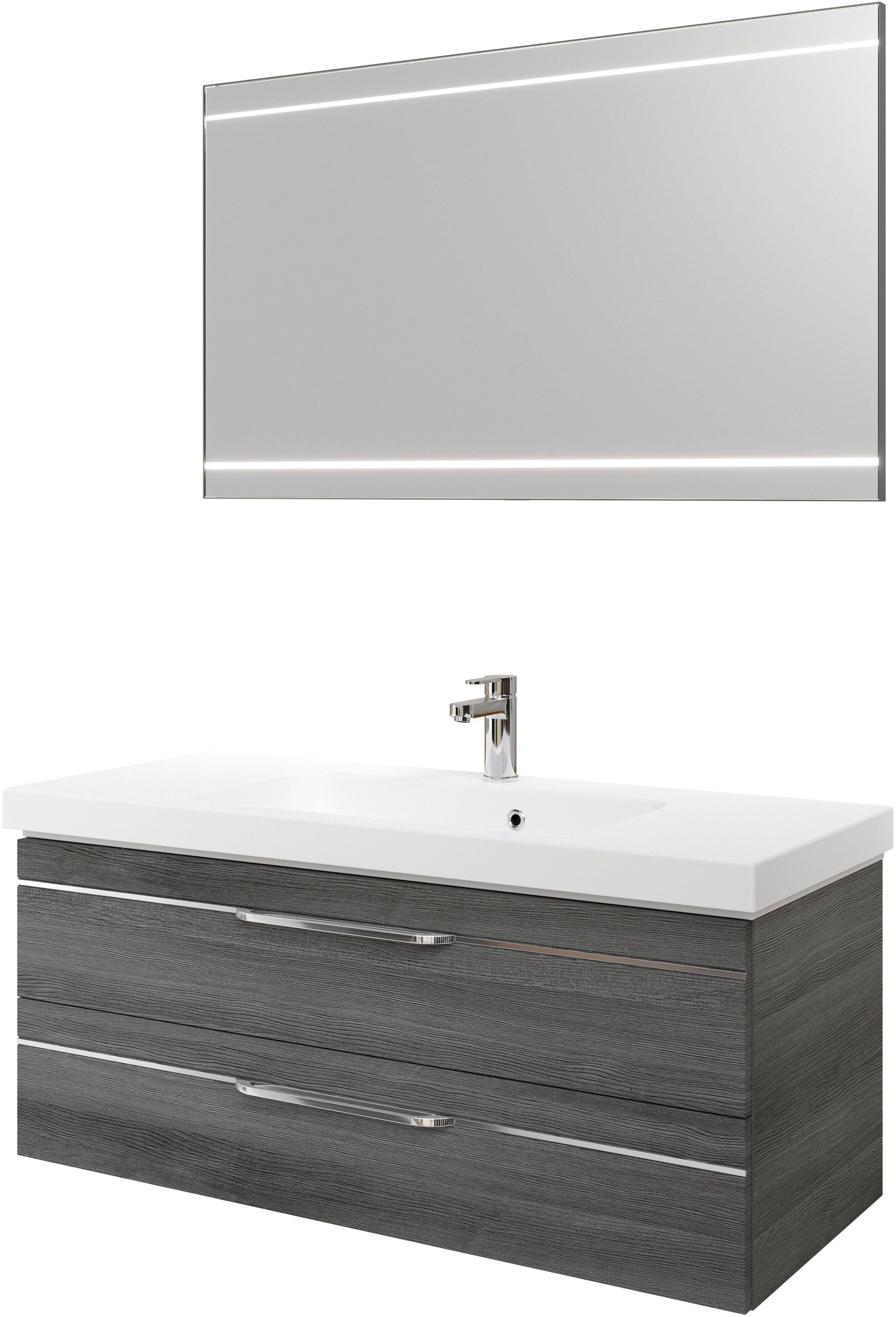 Saphir Badkamerserie Balto 2-delig mineraalmarmeren wastafel met led-spiegel, 123 cm breed (2-delig) badmeubelsets grijs