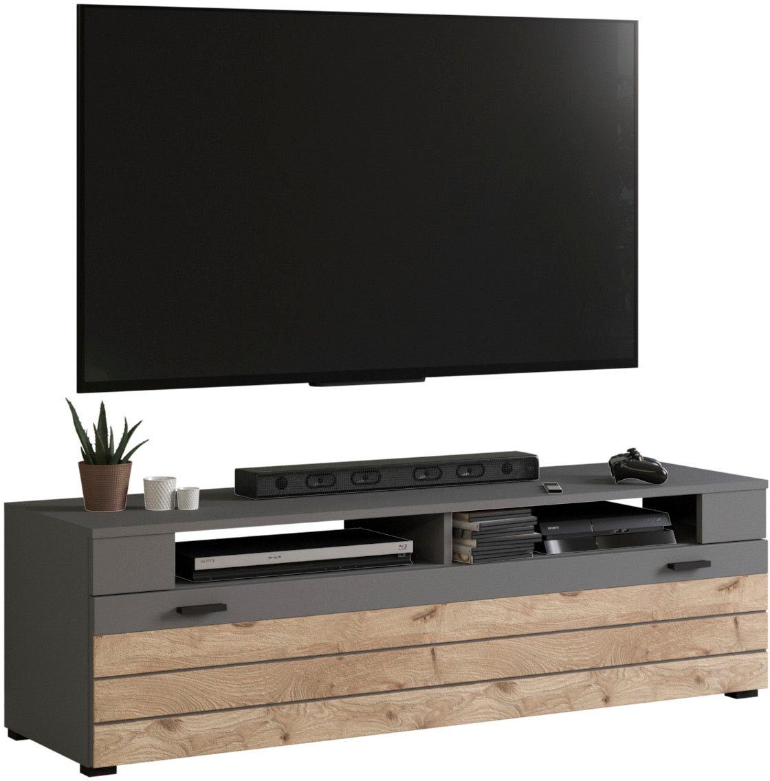 INOSIGN Tv-meubel Aalborg, breedte 140 cm, 1 klep, 2 open vakken, metalen handgrepen lowboards grijs