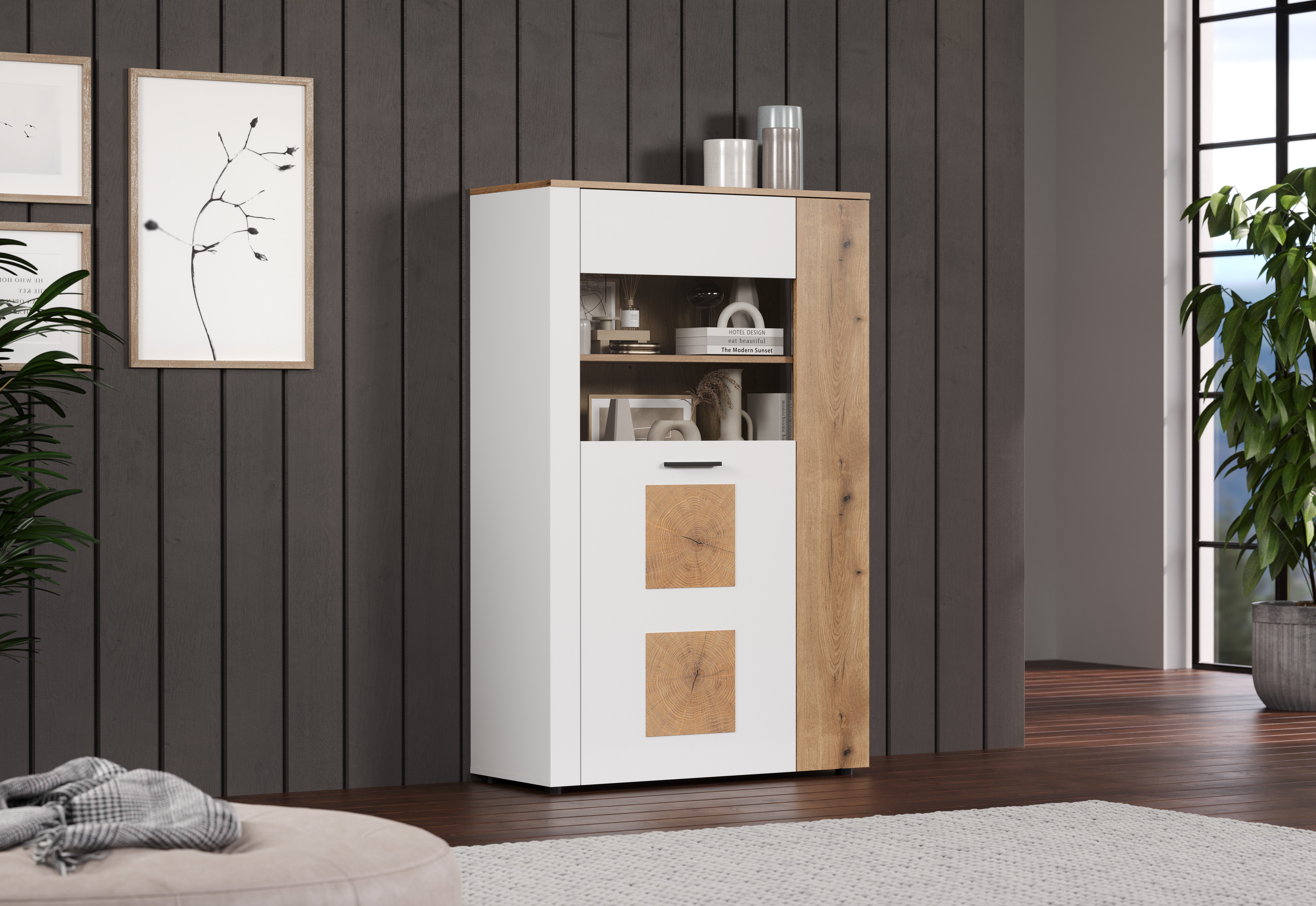 INOSIGN Staande vitrinekast Linz Opbergvitrine met elegante eindhouttoepassingen - 90/42/146 cm (1 stuk)