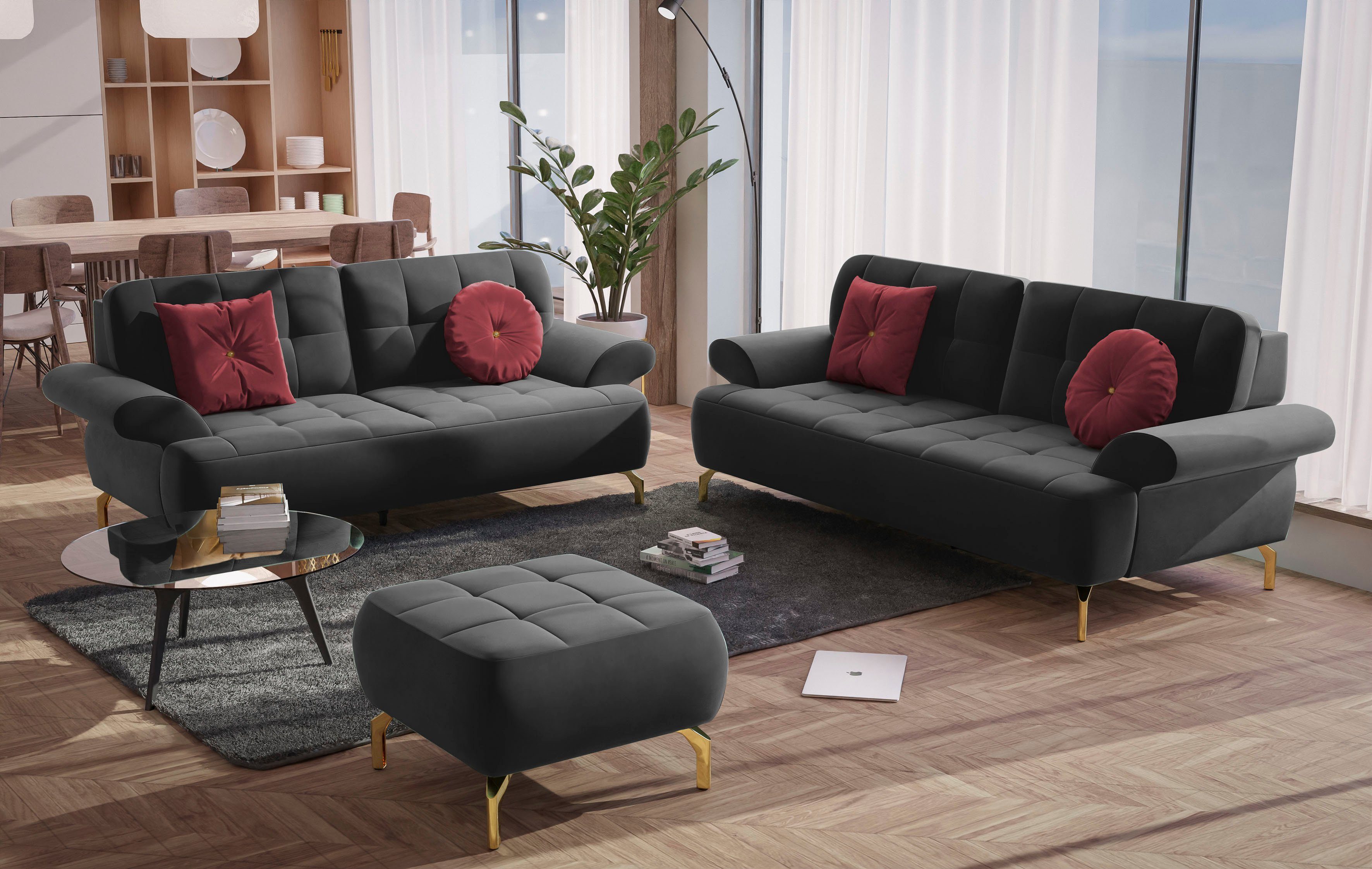 sit&more 2-zitsbank Orient 1 incl. 2 sierkussens met strassteentjes, goudkleurige metalen poten