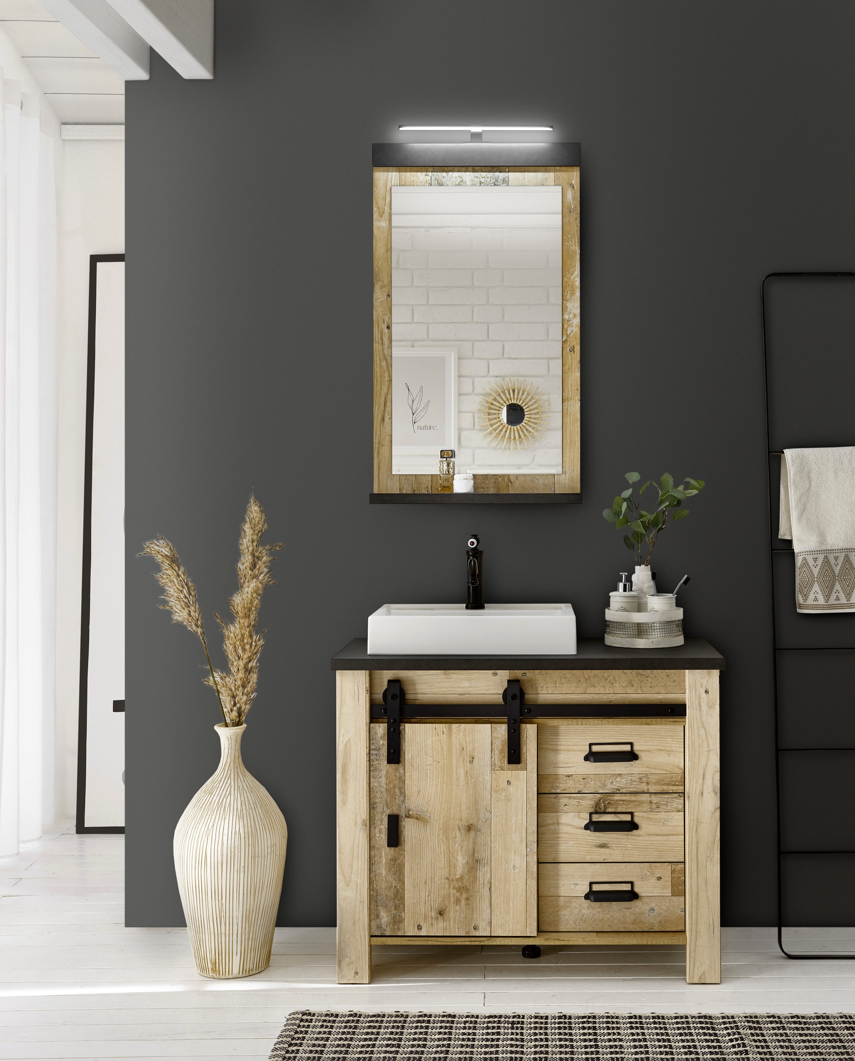 Home affaire Badkamerserie SHERWOOD, Bad im modernen Design, 2-teiliges Badezimmer in houtdecor, met schuurdeurbeslag en apothekersgrepen van metaal (2-delig)