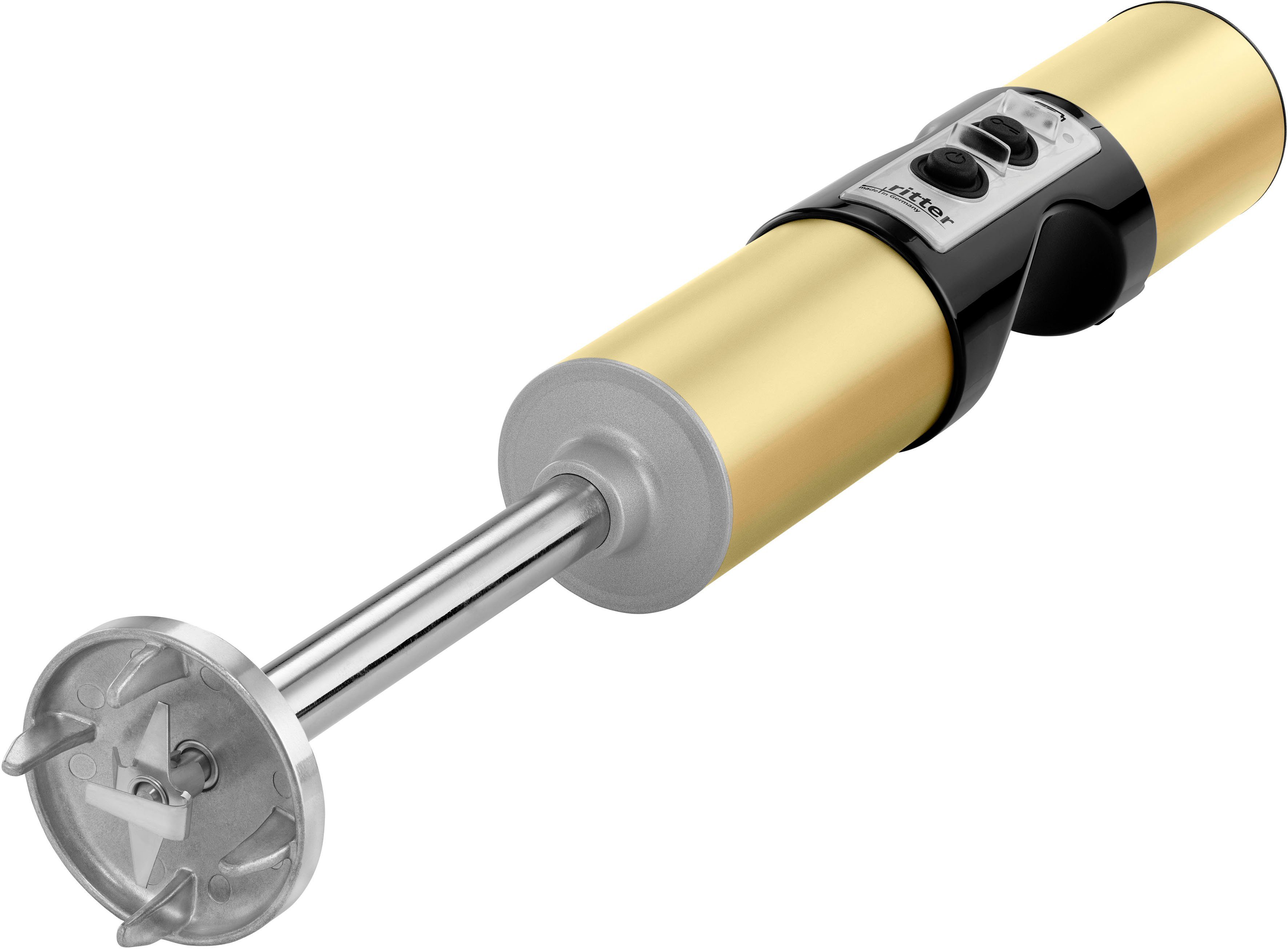 Ritter Accu-staafmixer Stilo 7 plus trendkleur goud met 4 opzetstukken van edelstaal en 2 mengbekers