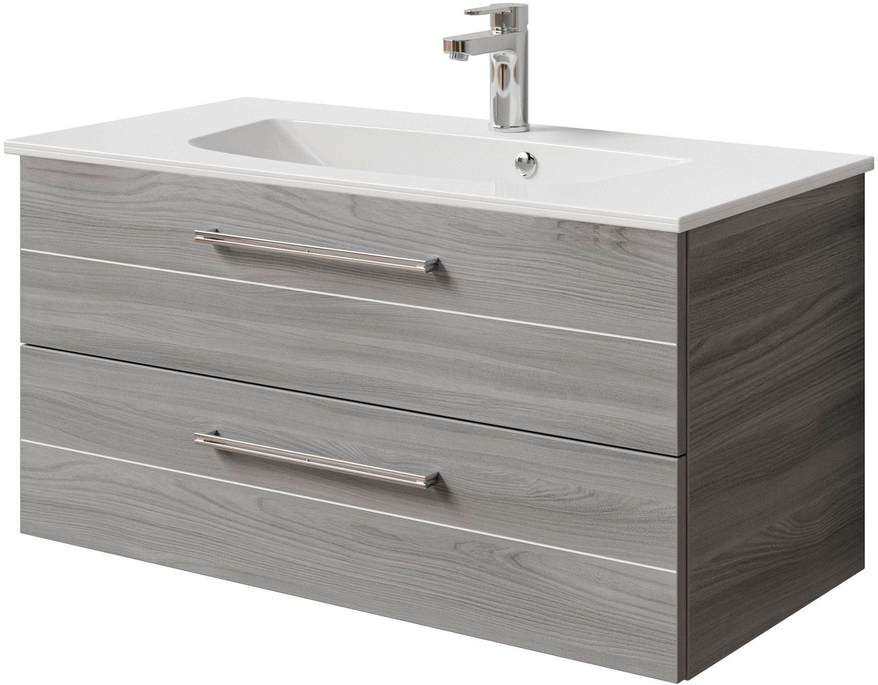 Saphir Wastafelonderkast Serie 6025 mineraalmarmeren wastafel met onderkast, 97 cm breed (2-delig) wastafelmeubels grijs