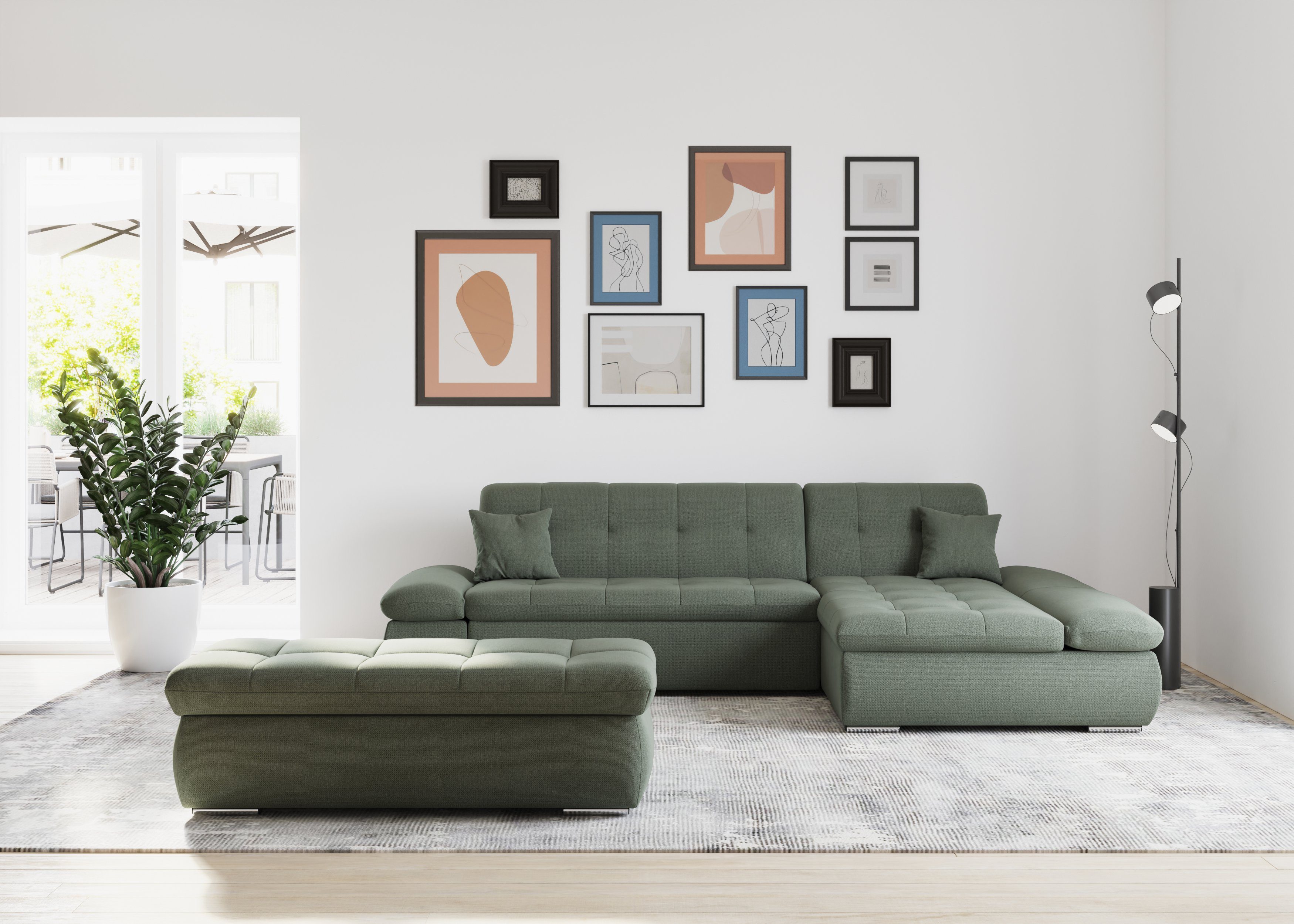 DOMO collection Hoekbank Moric, L-vorm, XXL-bank - Breedte 300cm keuze met bedfunctie en armleuningverstelling, donkergroen