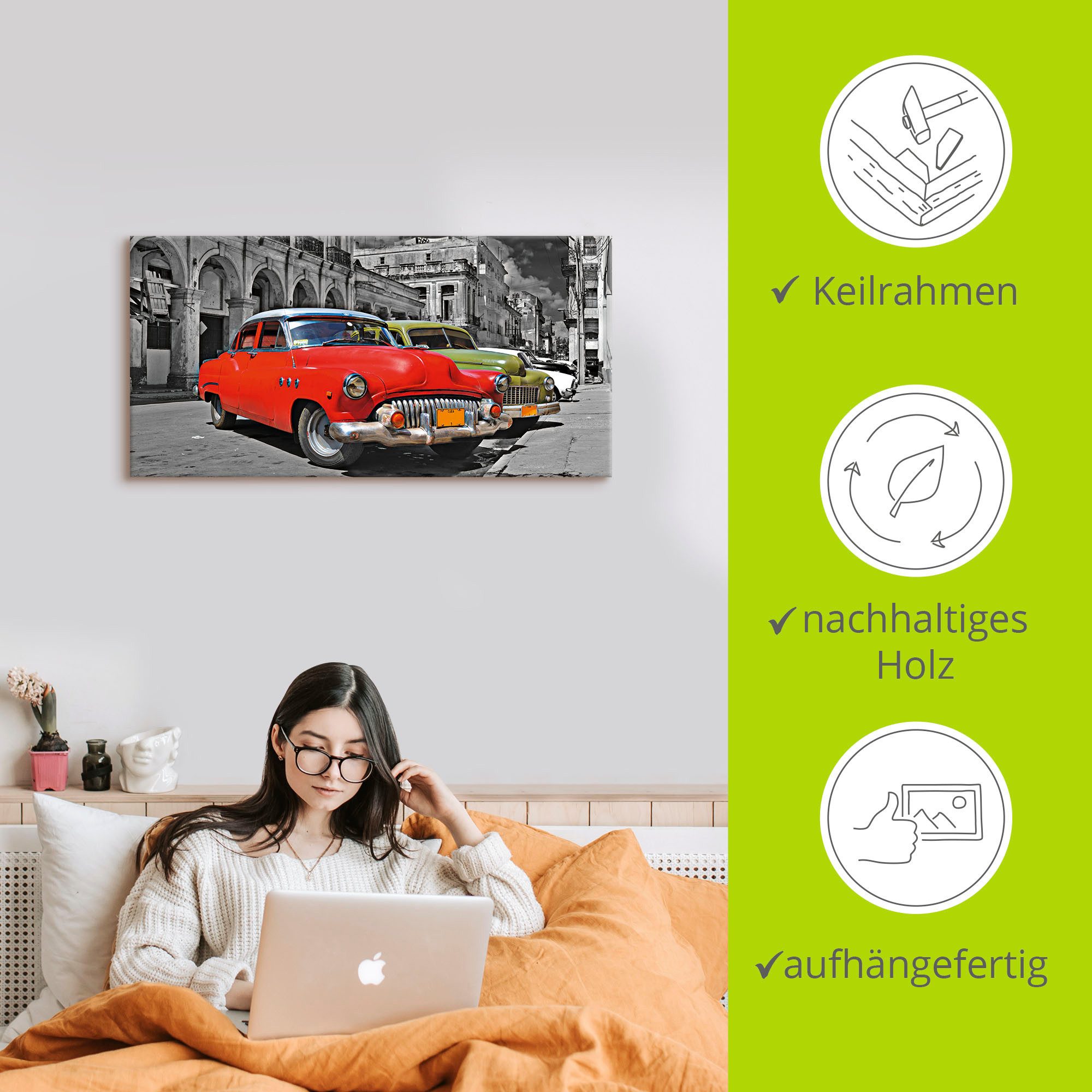 Artland Artprint Aanzicht van kleurrijke havanna auto’s als artprint van aluminium, artprint op linnen, muursticker, verschillende maten