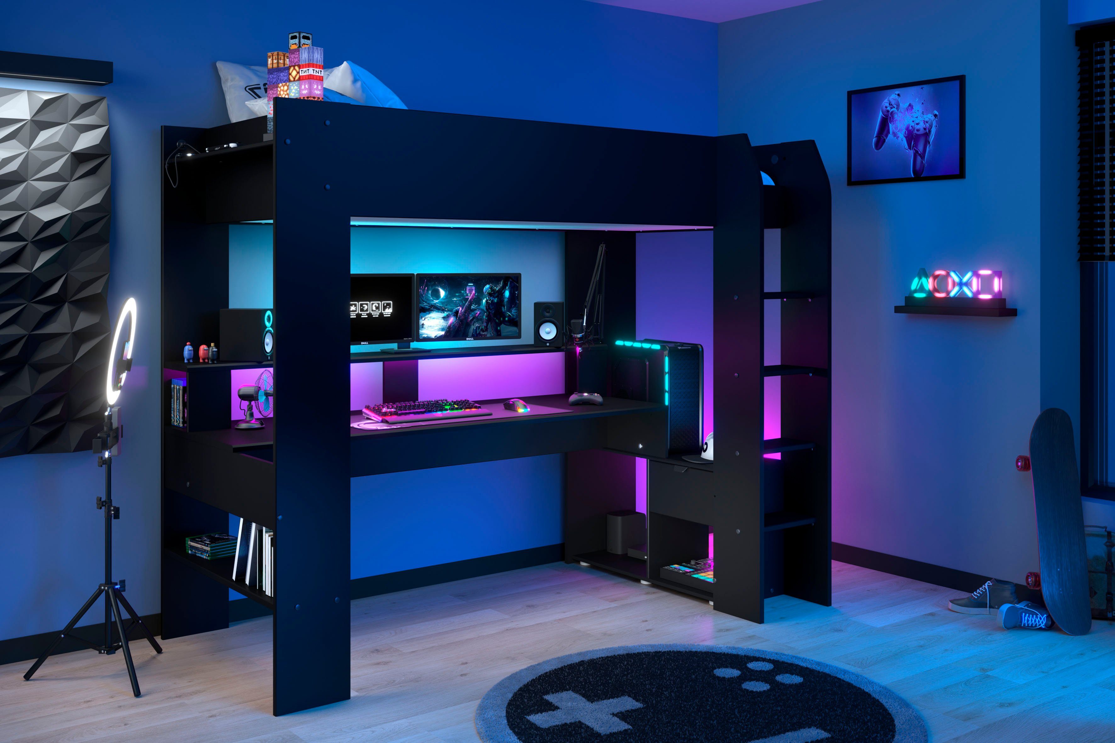 Parisot Hoogslaper Gaming-bed, met bureau, USB-aansluiting, LED, veel opbergruimte