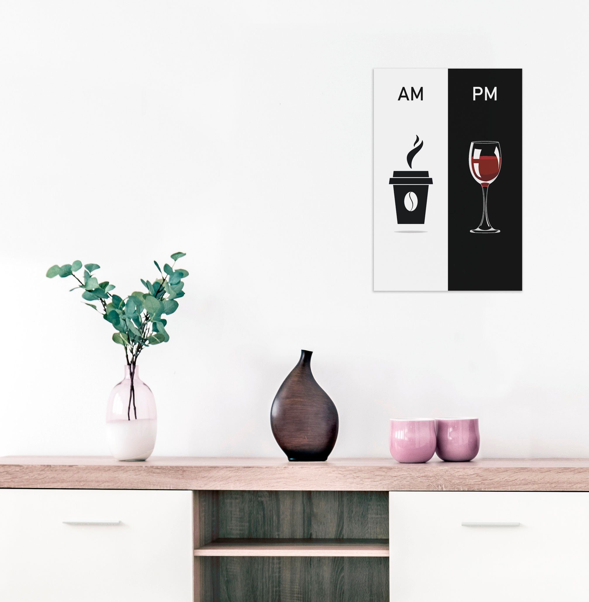 queence Sierobject voor aan de wand AM PM - koffiebeker en wijn Stalen bord, blikken bord, spreuk, grappig, wanddecoratie, retro, 20x30cm