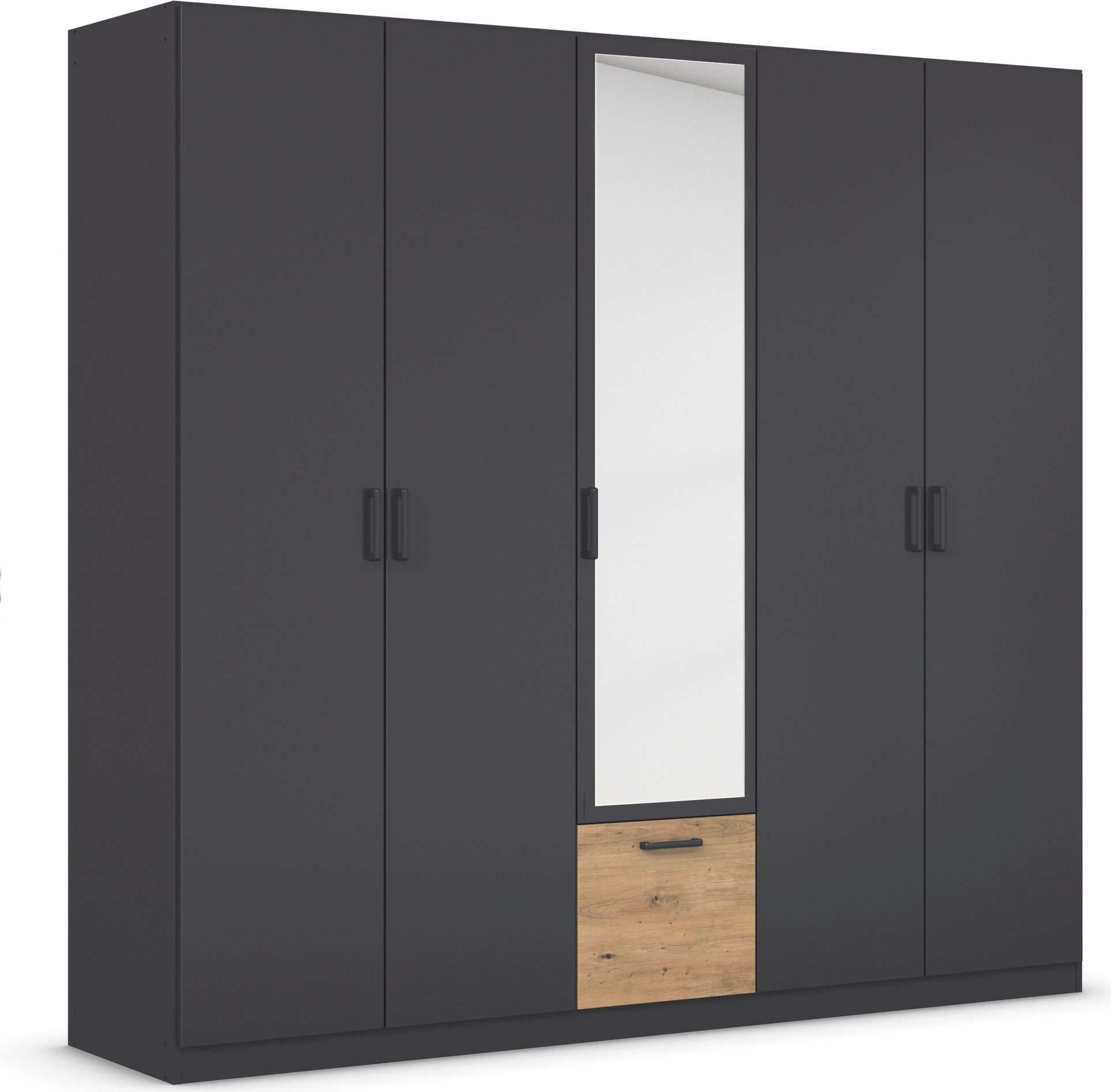 rauch Draaideurkast Kledingkast kast garderobe waskast BARI met spiegel met lades in het midden, moderne greep in grijs metallic made in germany