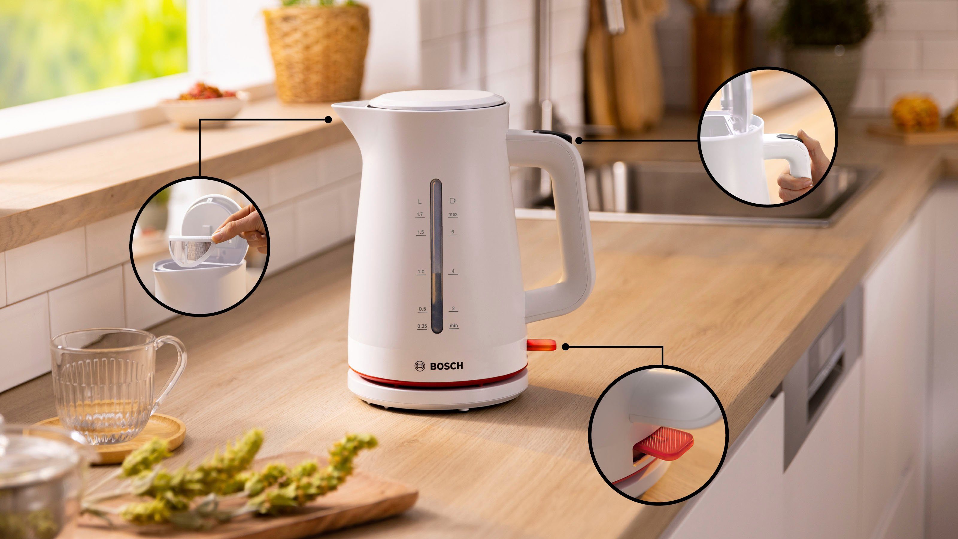 BOSCH Waterkoker MyMoment TWK3M121, 1,7 l, Automatische uitschakeling, kopjesweergave, aan beide kanten waterniveauaanduiding