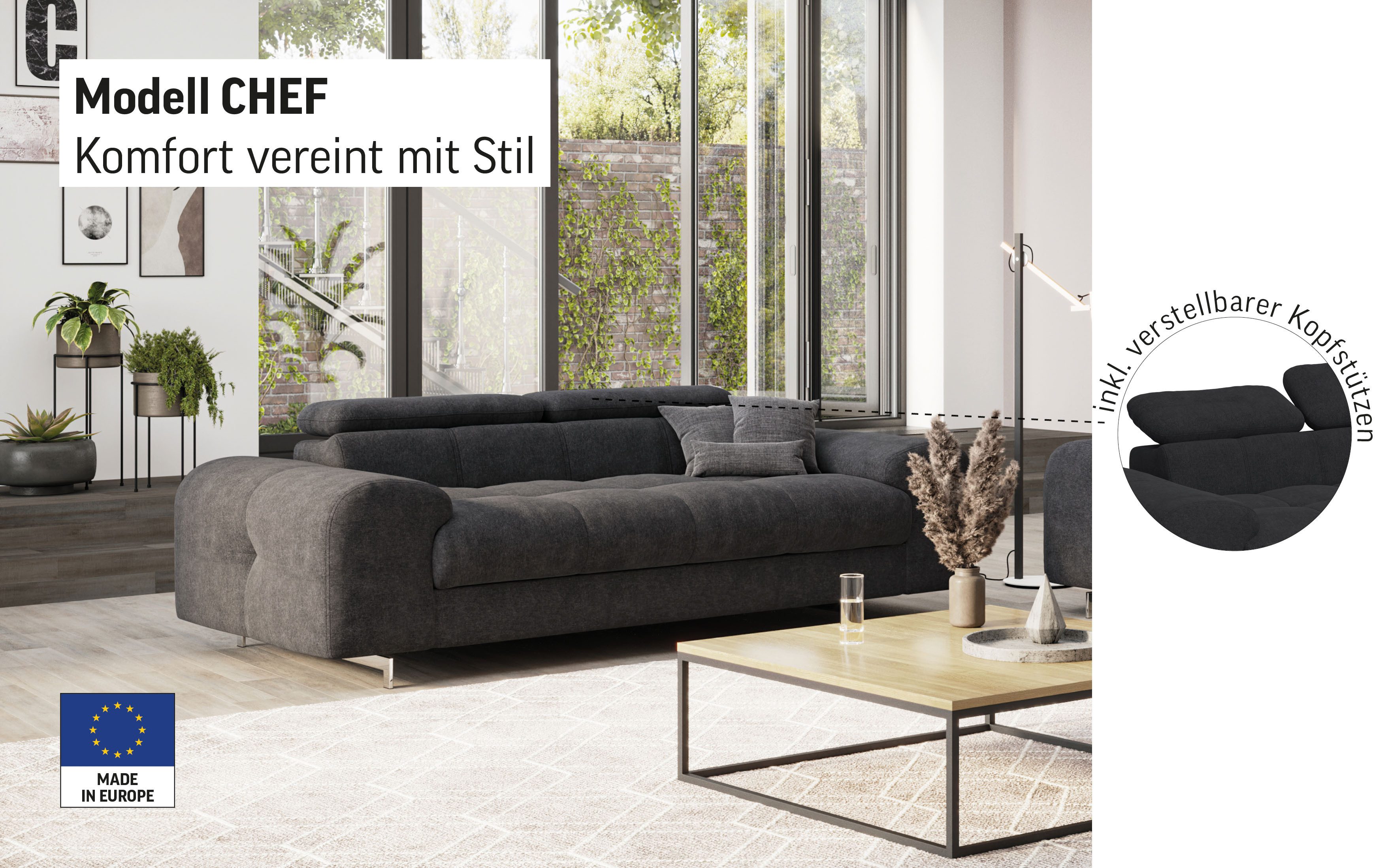 COTTA 3-zitsbank Chef Big-sofa met verstelbare rugleuning, elegante metalen poten
