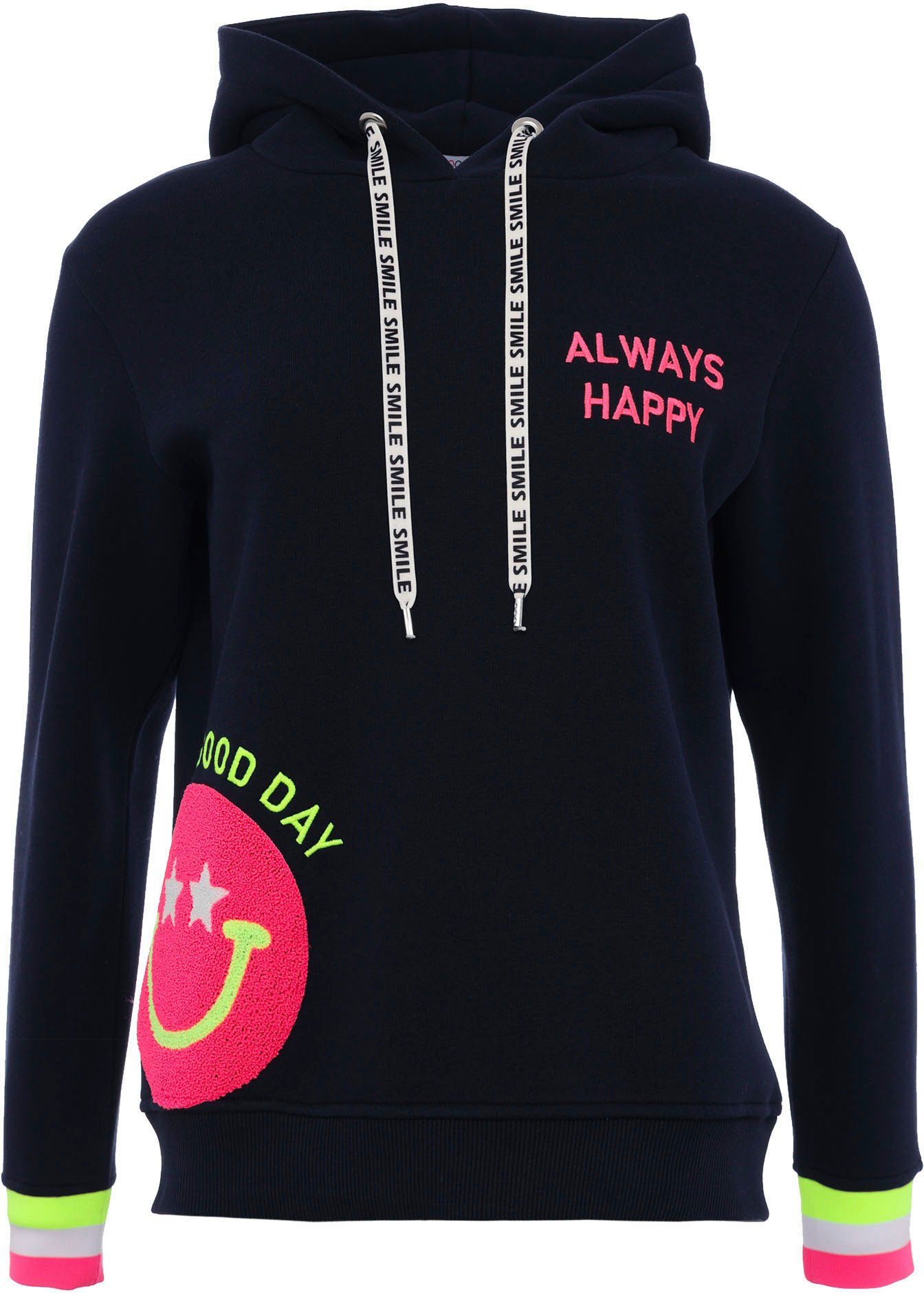 Zwillingsherz Hoodie Always Happy met smiley-print van frotté en neon details