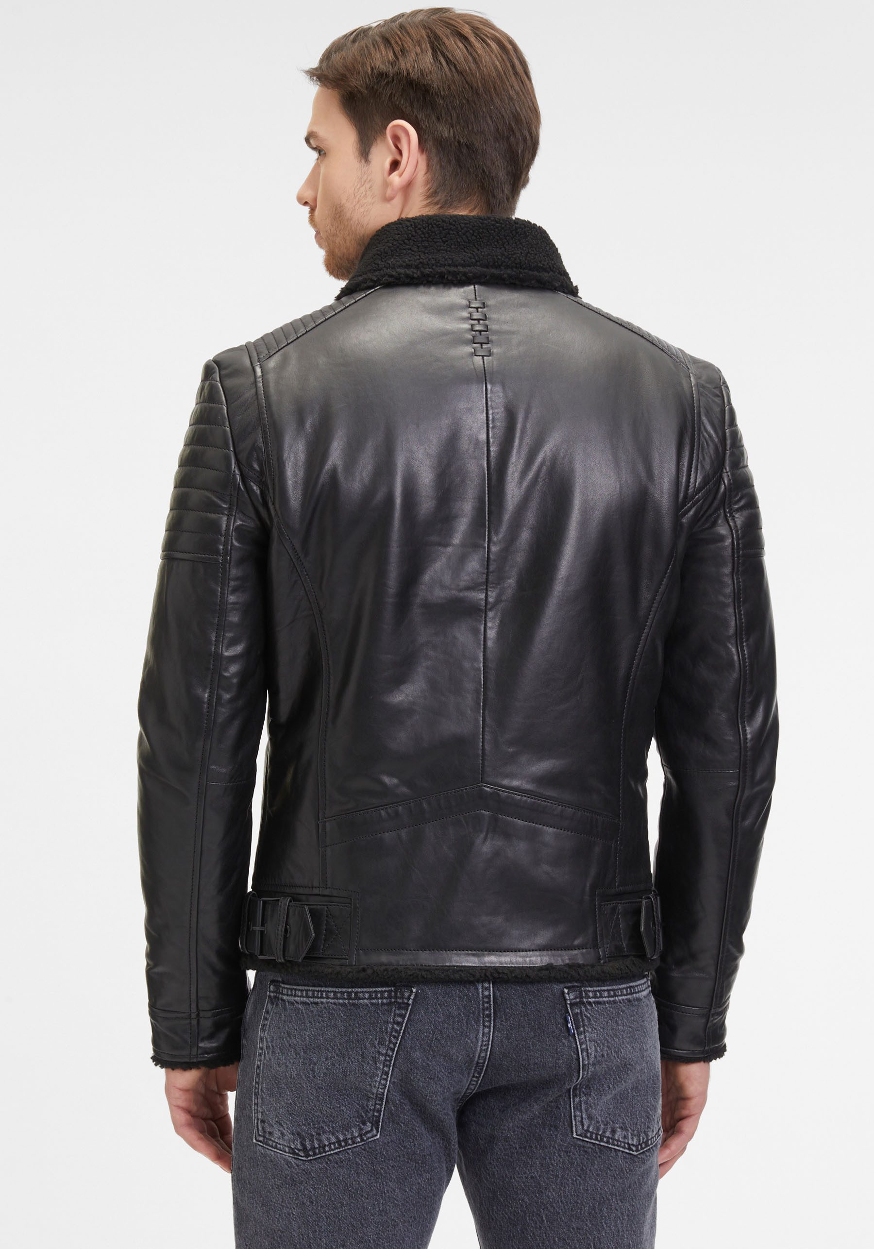 Mauritius Leren jack G2MIdor SF Reverskraag met faux fur, asymmetrische rits