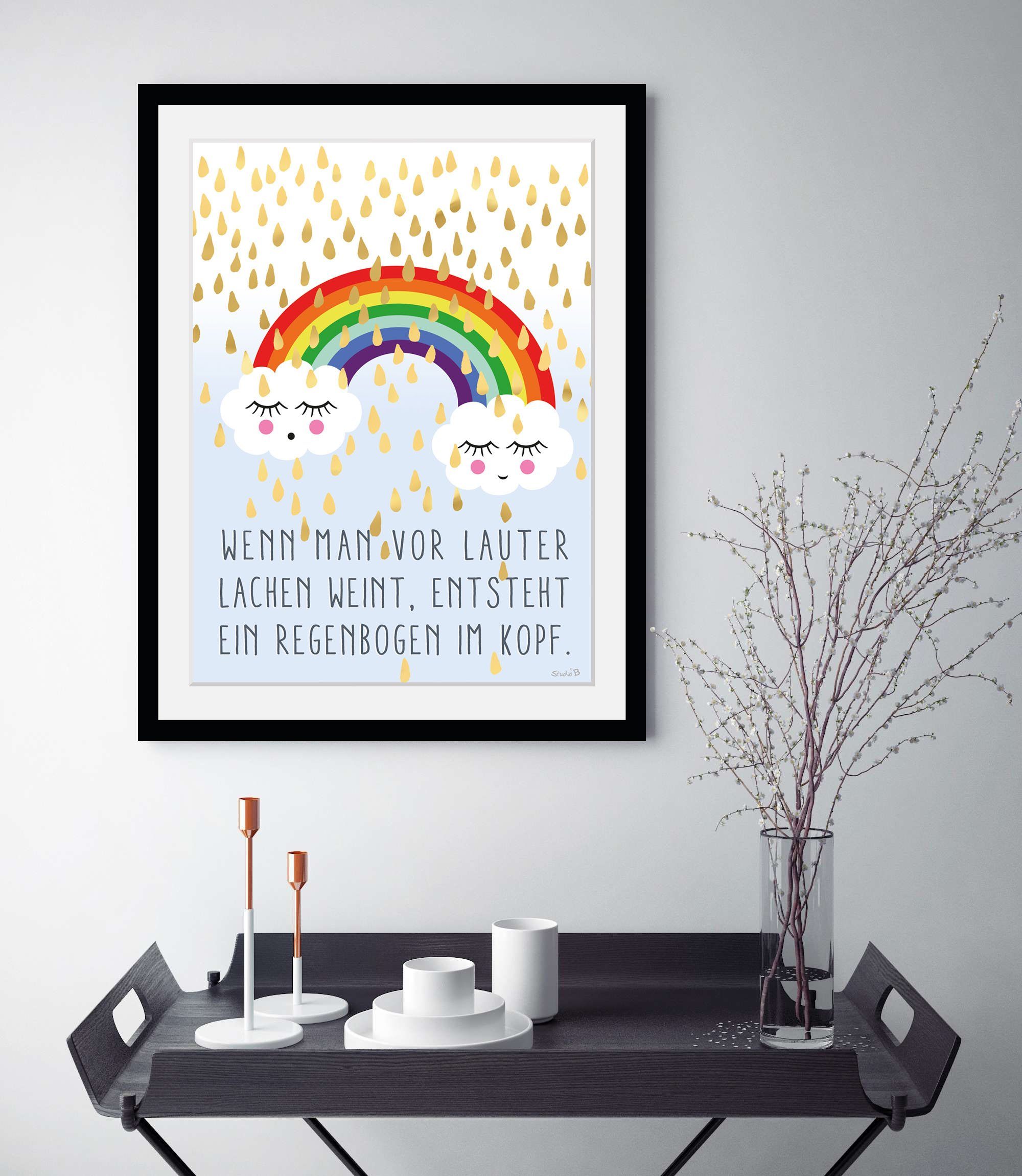queence Wanddecoratie Regenboog in het hoofd HD premium posterdruk incl. houten lijst (1 stuk)