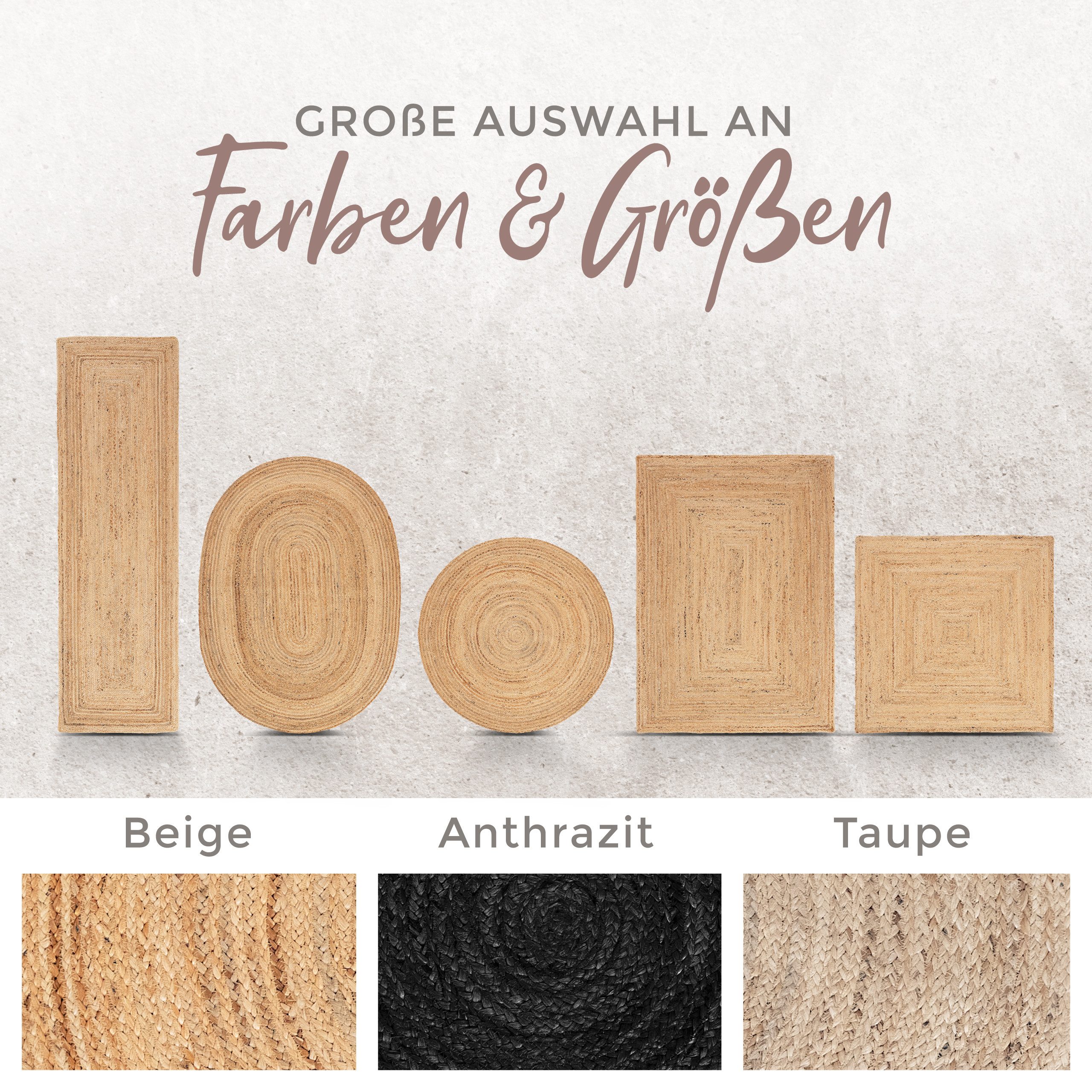 carpetfine Vloerkleed Nele jute-vloerkleed natuurmateriaal gevlochten tweezijdig te gebruiken kleed van 100% jute, in rond en ovaal, vele maten