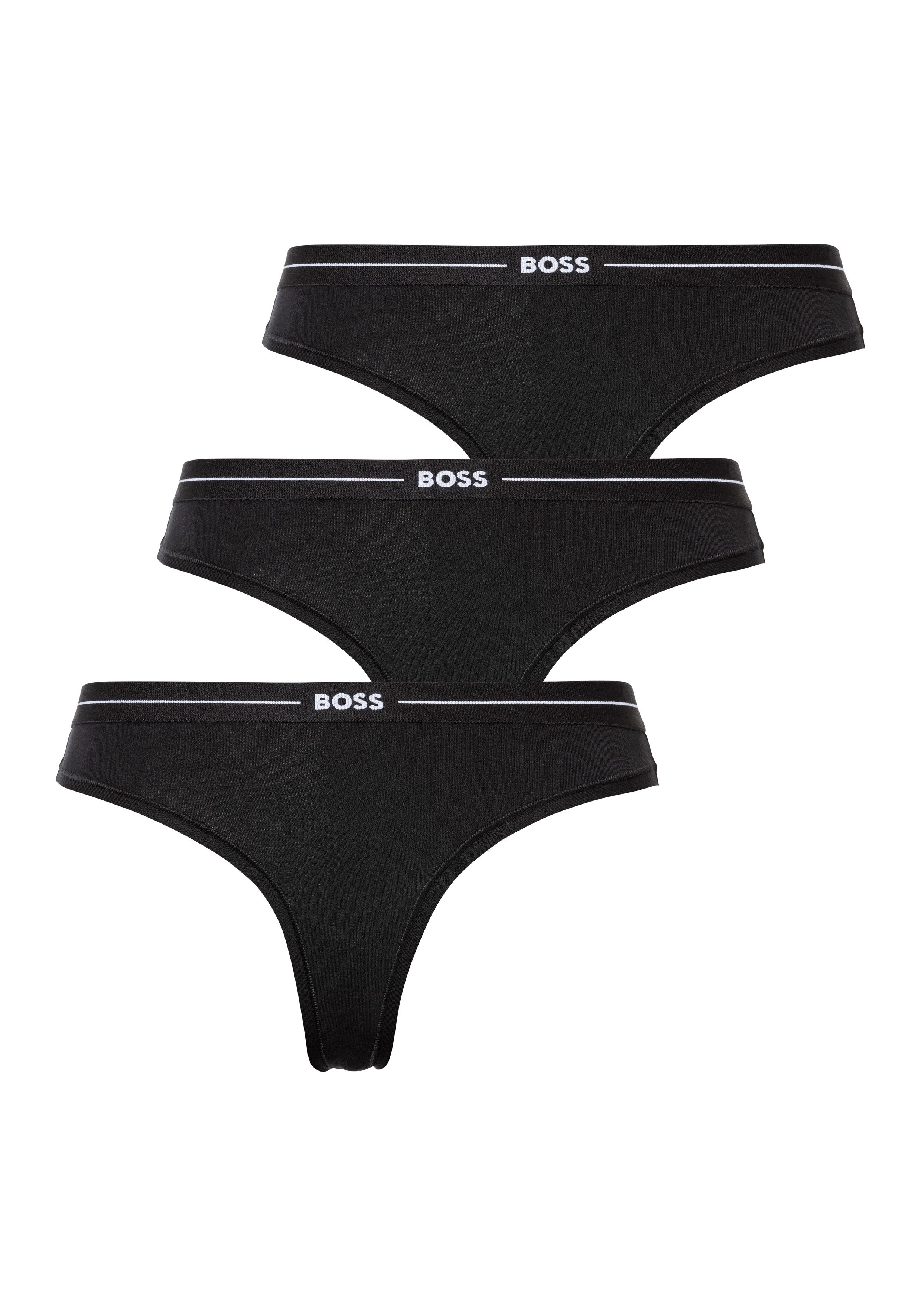 Hugo Boss 3P String Set Zwart Katoen Elastisch Logo Tailleband Black Dames