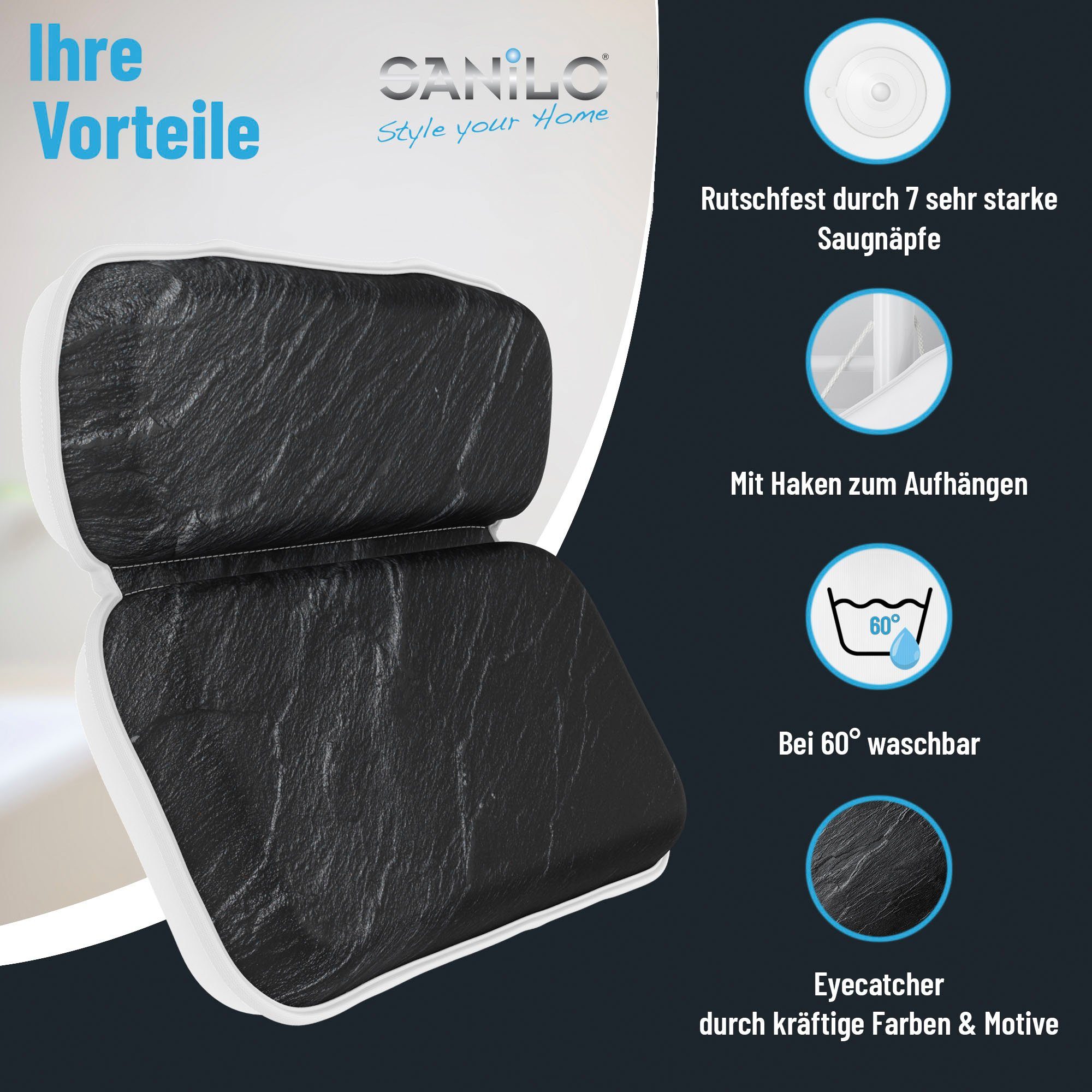 Sanilo Nekkussen Badkussen Granit comfortabel, antislip, volle kleuren, met 7 prima zuignappen