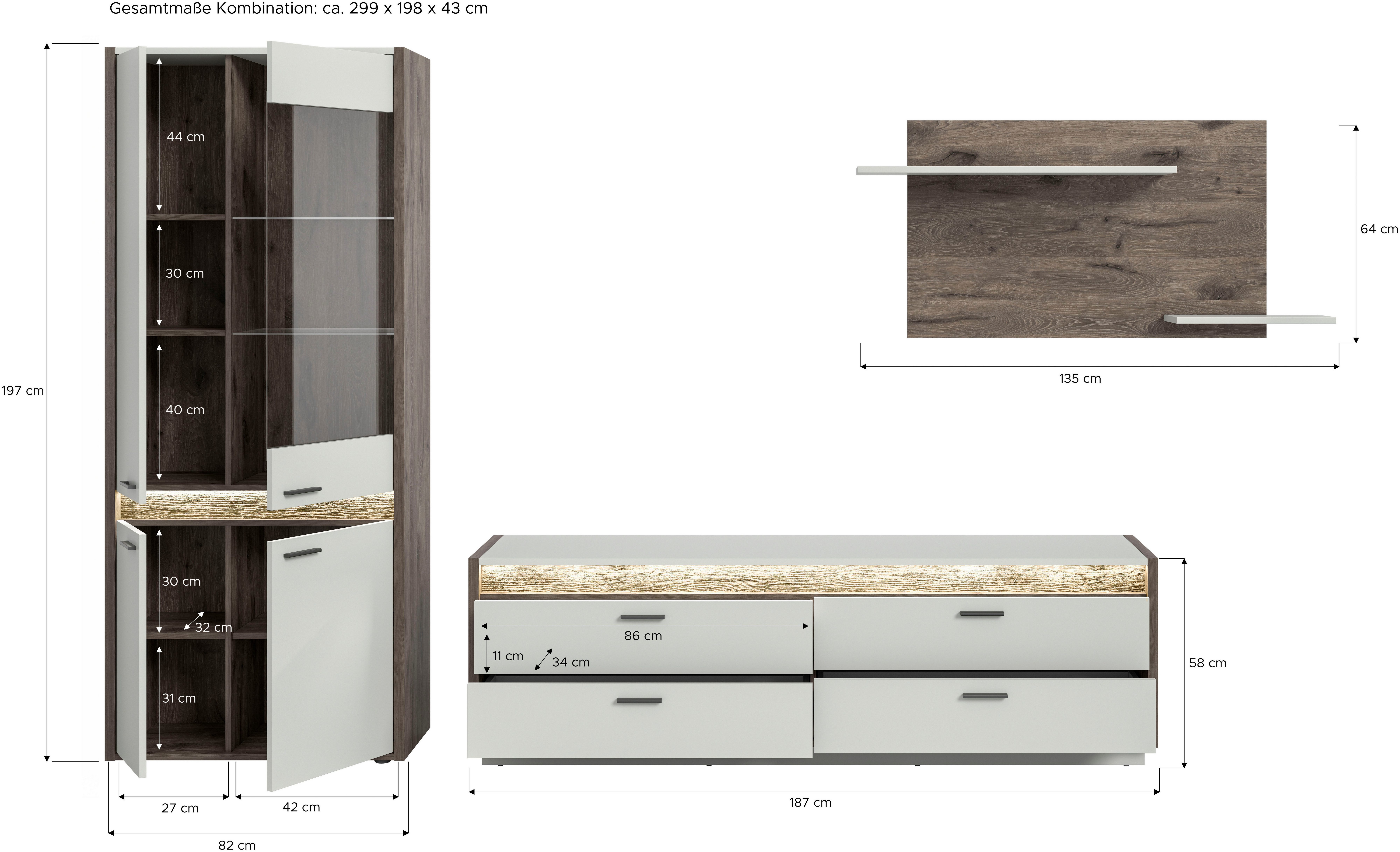 INOSIGN Wandmeubel Treviso, Breedte 299 cm, bestaand uit: 1x Vitrine, 1x Lowboard en (3-delig)