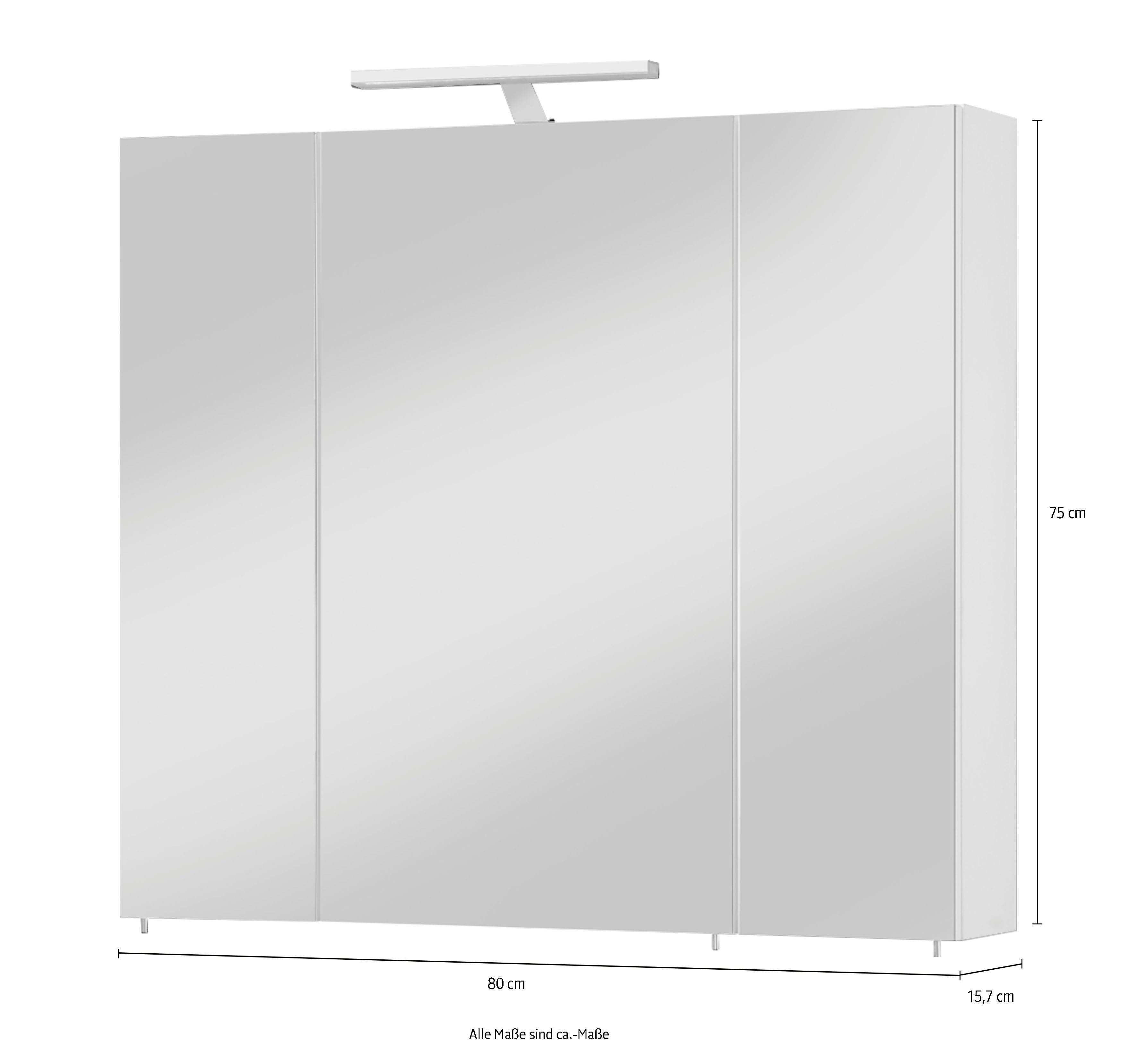 welltime Spiegelkast Torino Breedte 80 cm, 3-deurs, ledverlichting, schakelaar-/stekkerdoos