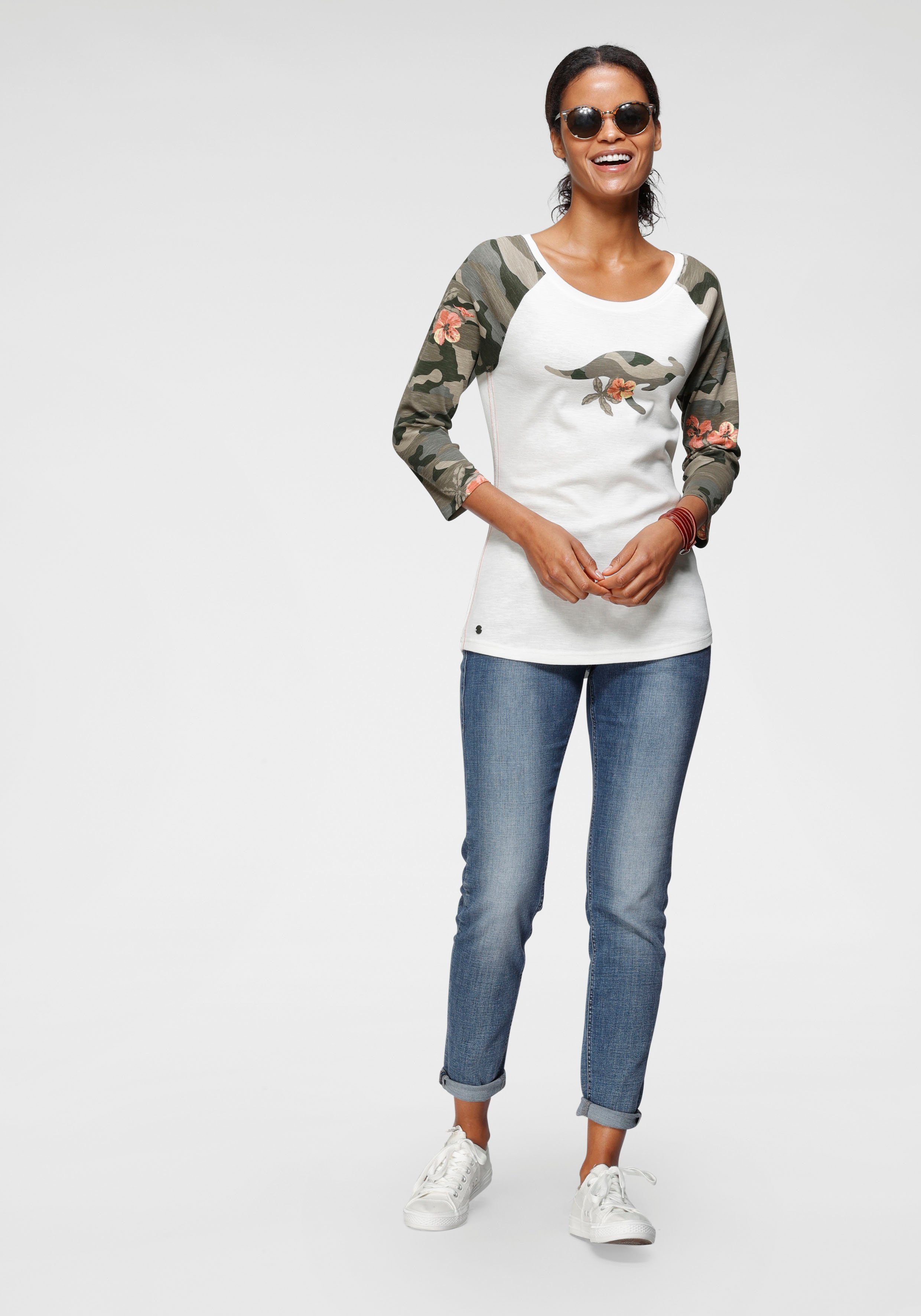 KangaROOS Shirt met 3/4-mouwen met camouflagekleurige mouwen en frontprint