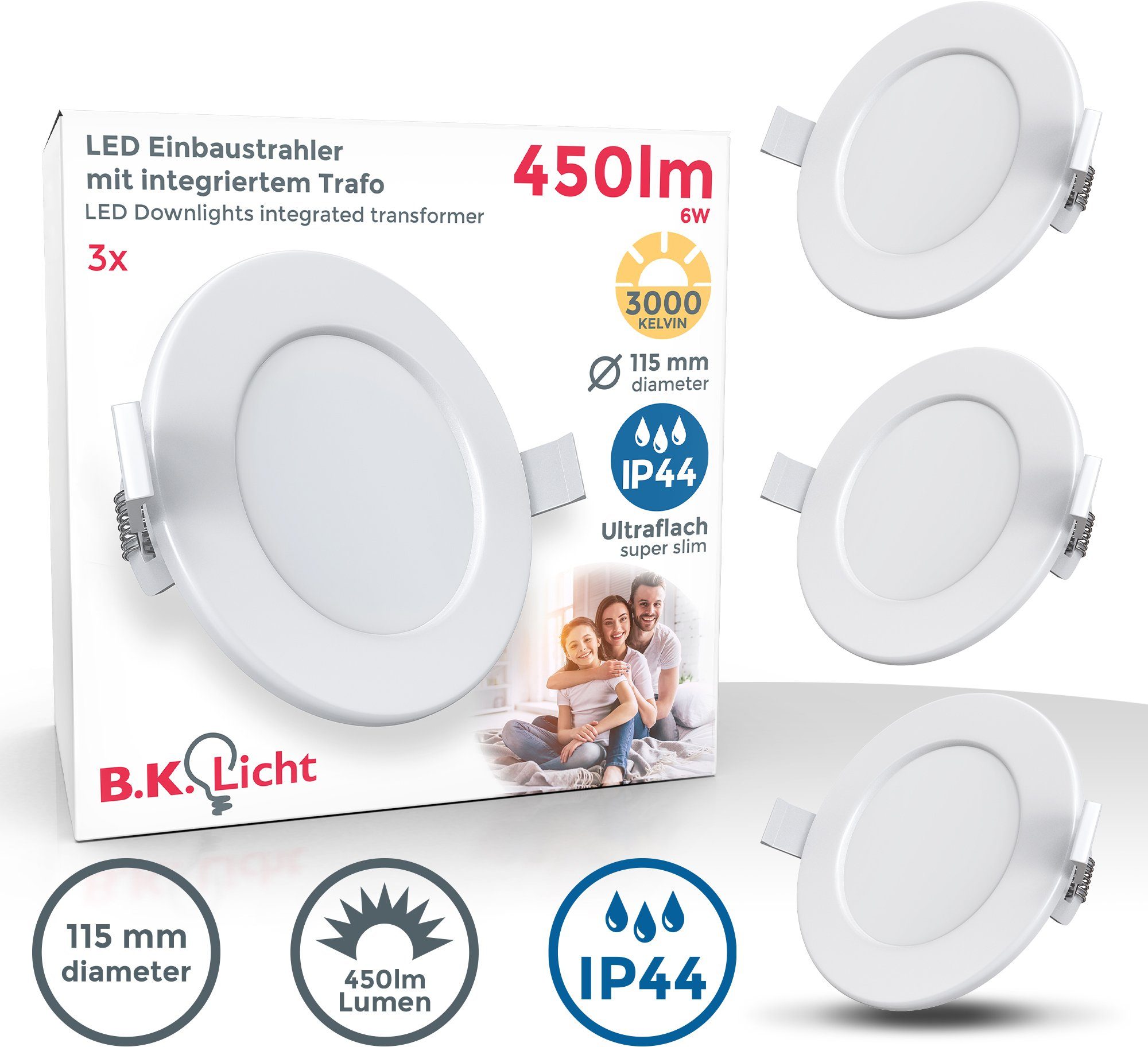 B.K.Licht Ledinbouwlamp 3-delige bad inbouwspot, IP44 beschermd, platte inbouwspots