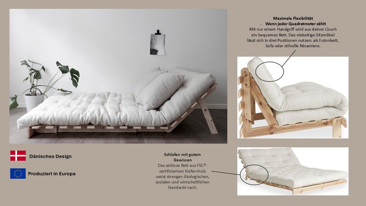 Karup Divan Roots Schlafsofa, Gästebett, Sofa inkl. Futonmatratze Incl. futonmatras, ligoppervlak 140x200 cm, FSC® gecertificeerd dennenhout