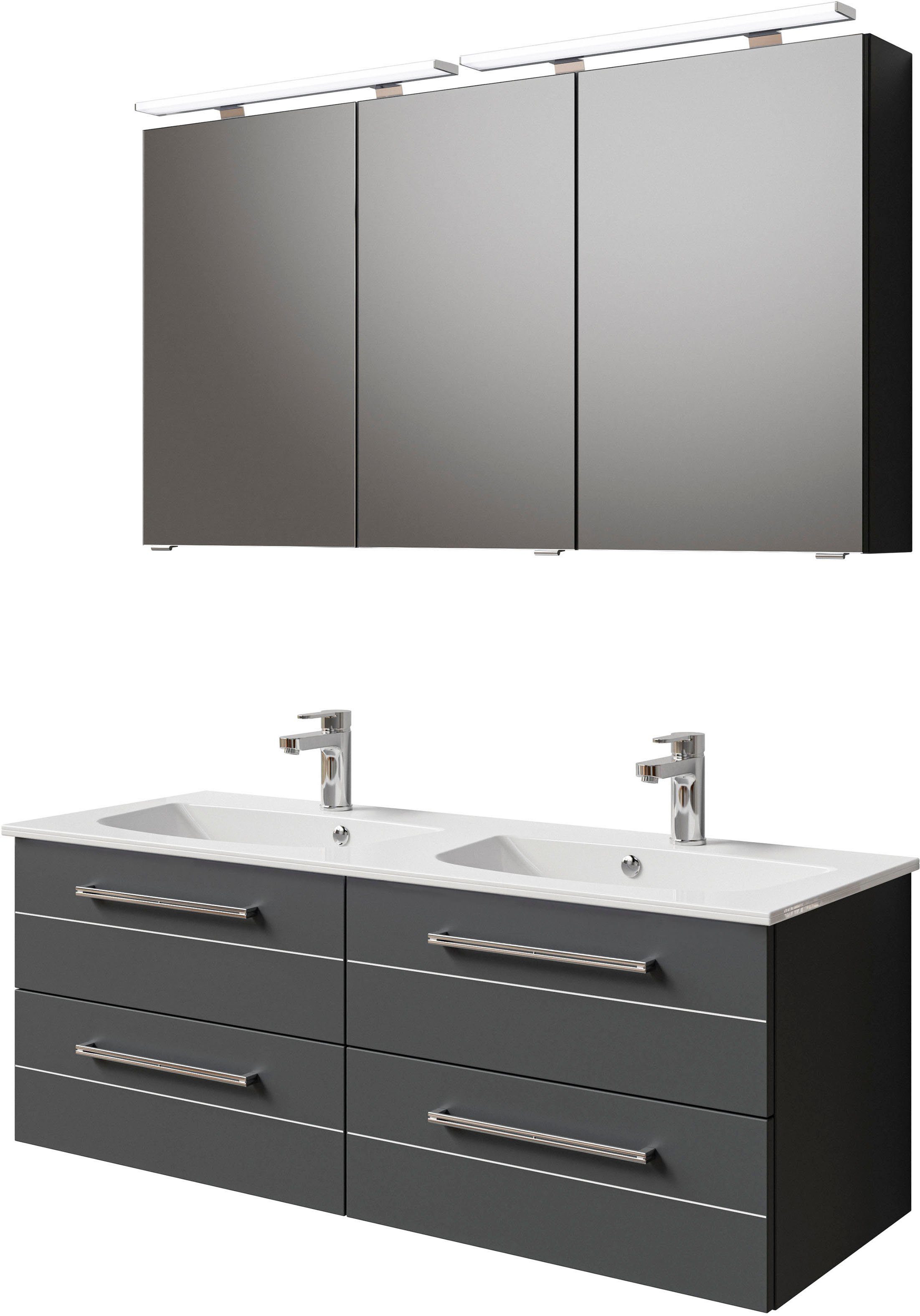 Saphir Badkamerserie Serie 6025 2-delig, mineraalmarmeren wastafel met led-spiegelkast Wastafelmeubel 132 cm breed, 4 laden, 2 spiegeldeuren, incl.