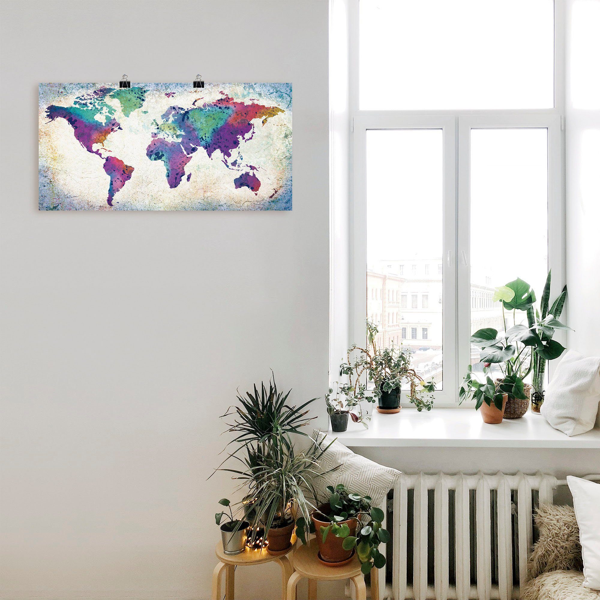 Artland Artprint Veelkleurige wereldkaart als artprint van aluminium, artprint voor buiten, artprint op linnen, poster, muursticker