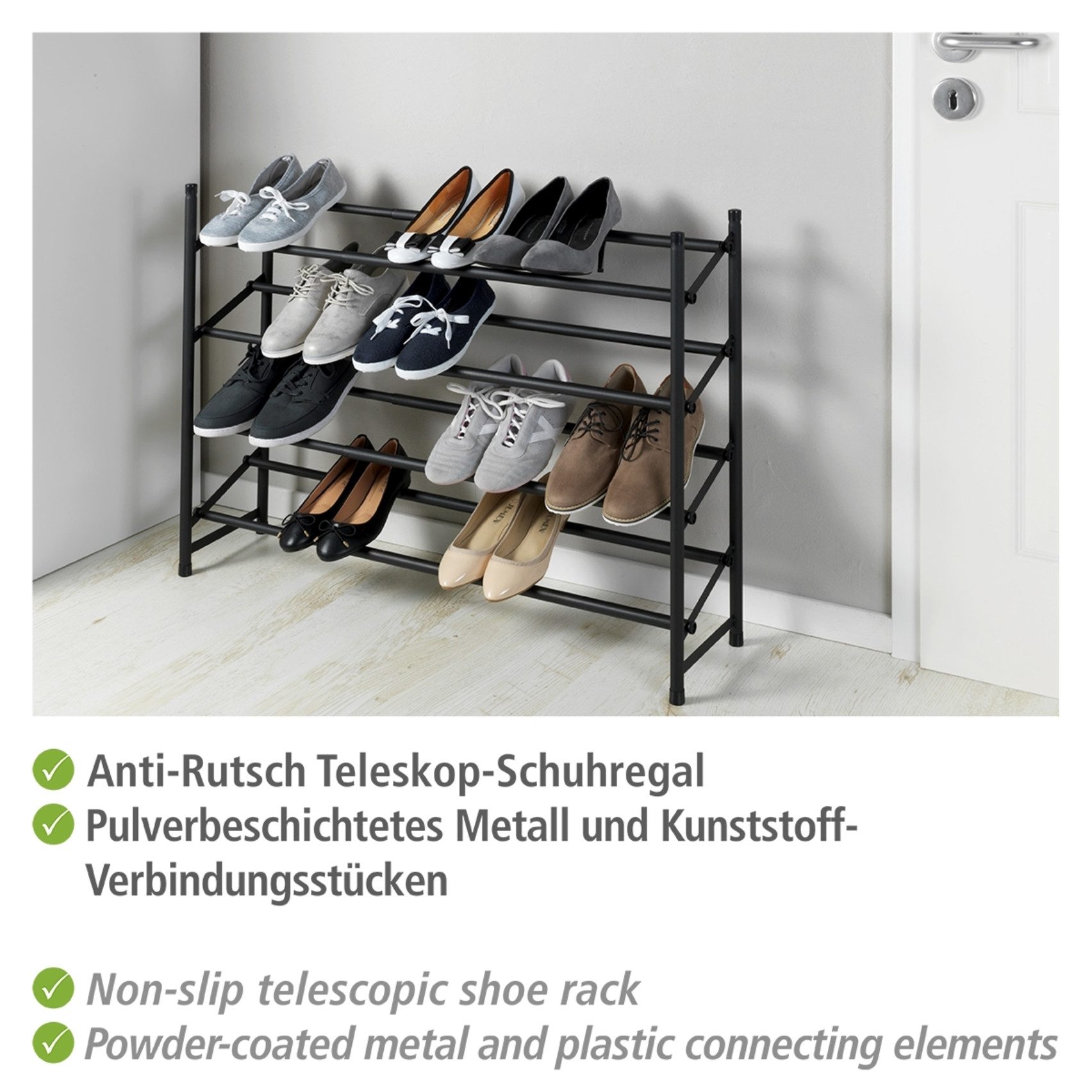 WENKO Schoenenrek Hero uitschuifbaar, 62 tot 115 cm, voor 24 paar schoenen, antislip oppervlak