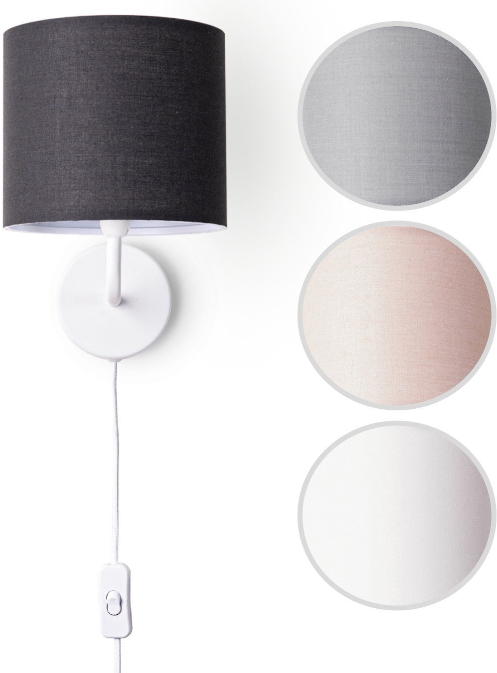 Paco Home Wandlamp Uni Color Wandlamp schakel gang woonkamer Ø…18cm effen decor kabel 3m E14
