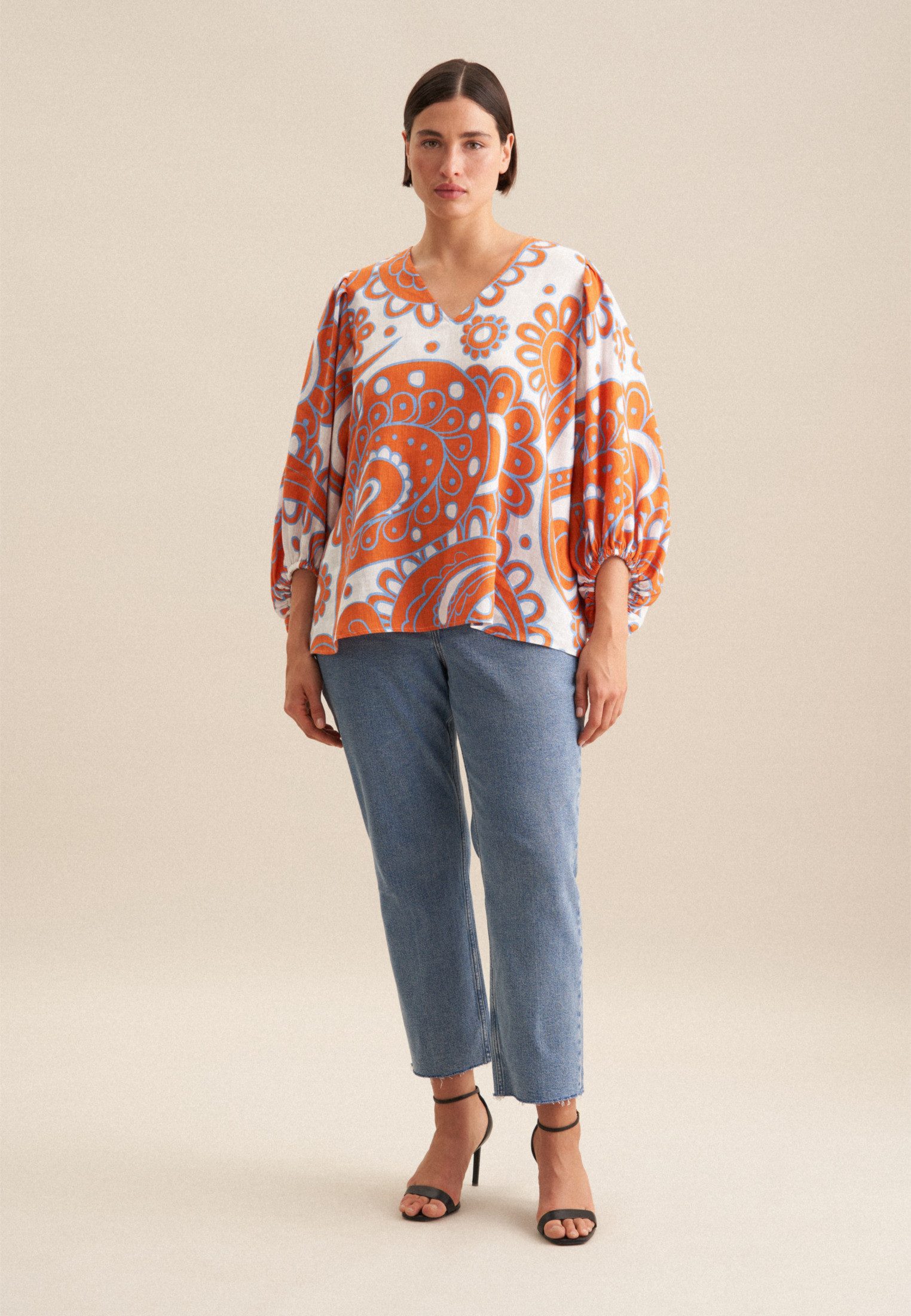 seidensticker Shirtblouse Zwarte roos 3/4-mouw v-hals paisley