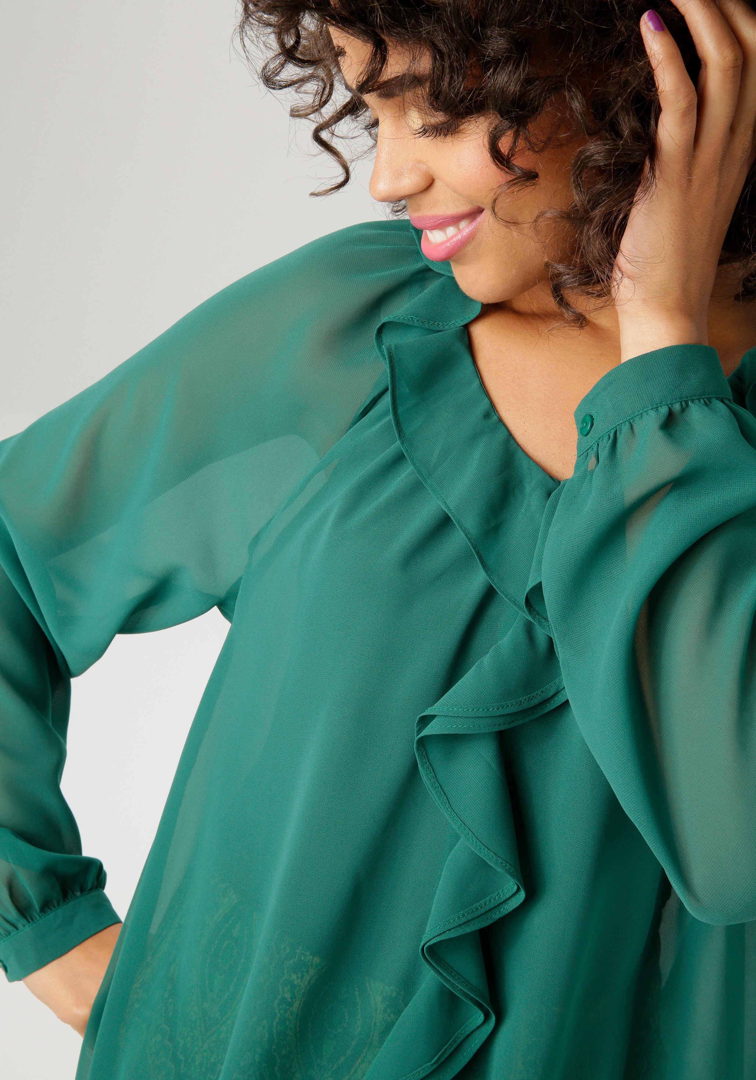 Aniston CASUAL Blouse zonder sluiting met ruches op de v-hals en op het voorpand - nieuwe collectie
