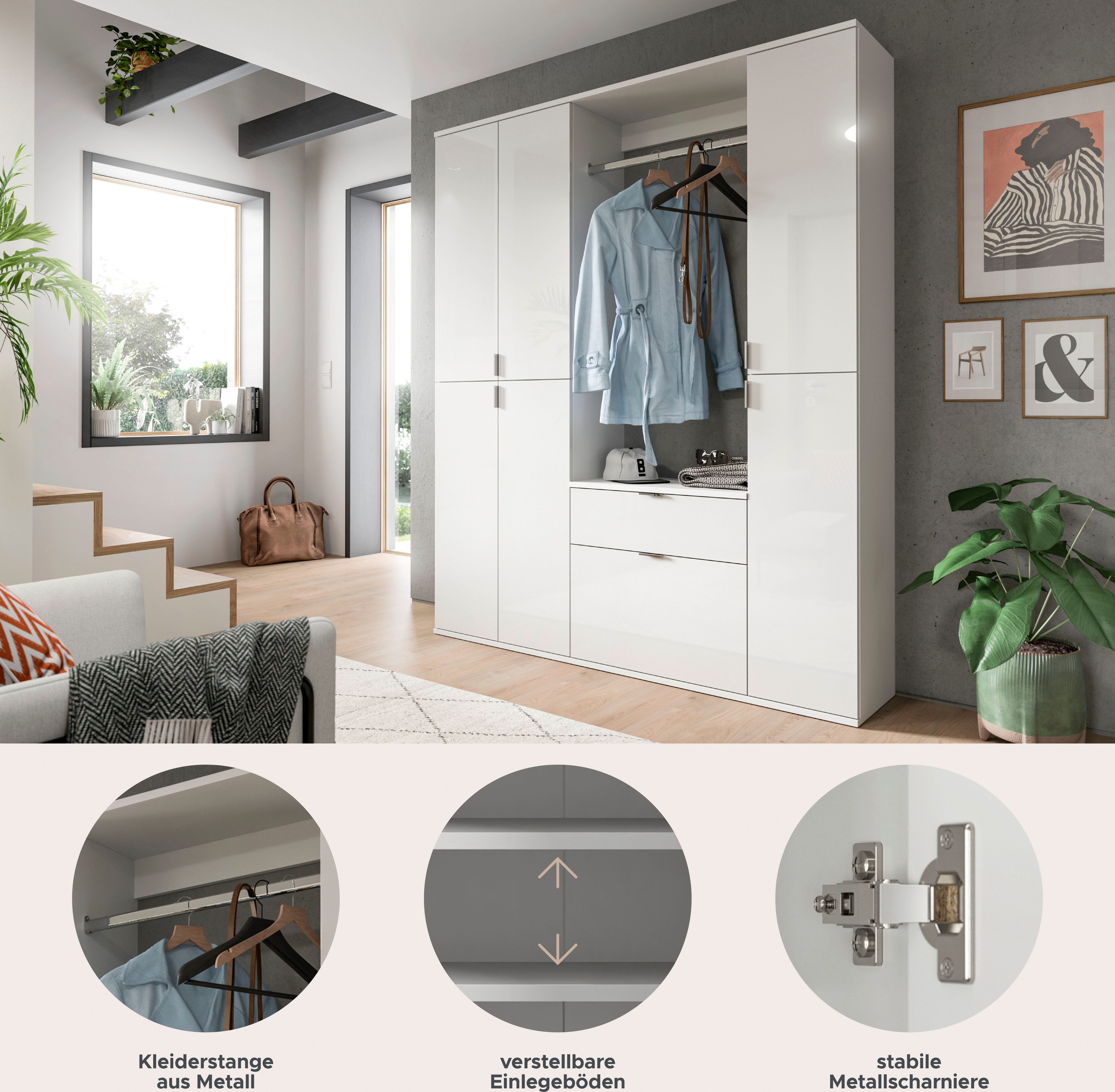 INOSIGN Halmeubelset Trondheim, Breedte 152 cm, 5-delig, bestaande uit: 2x garderobekast, 1 commode, 1 kledingstang, 1 legplank (set, 4-delig)