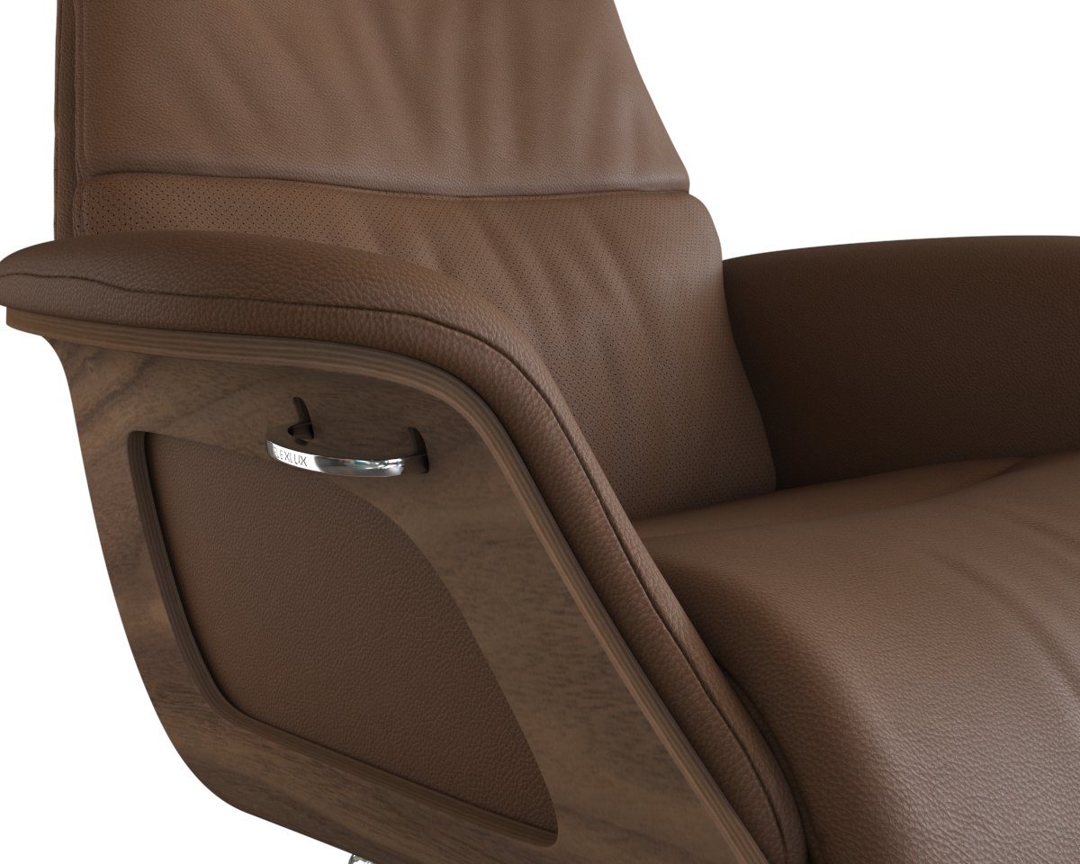 FLEXLUX Relaxfauteuil Clement relaxstoel, gestoffeerde stoel, ligstoel, TV-stoel, Rug- & hoofdverstelling, draaibaar, armleuning walnoot, voet aluminium