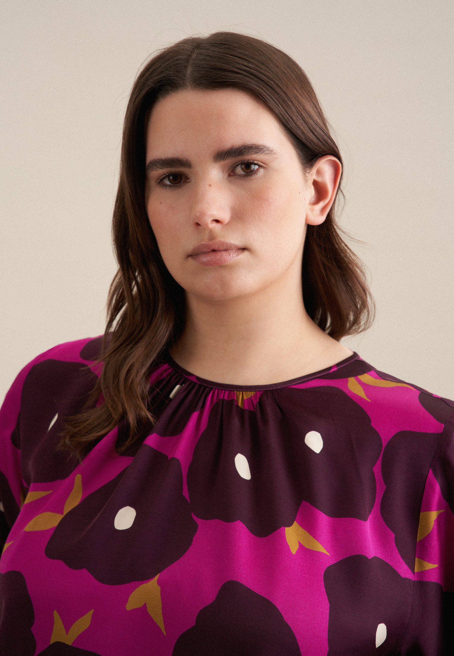 seidensticker Shirtblouse Zwarte roos Lange mouwen ronde hals print