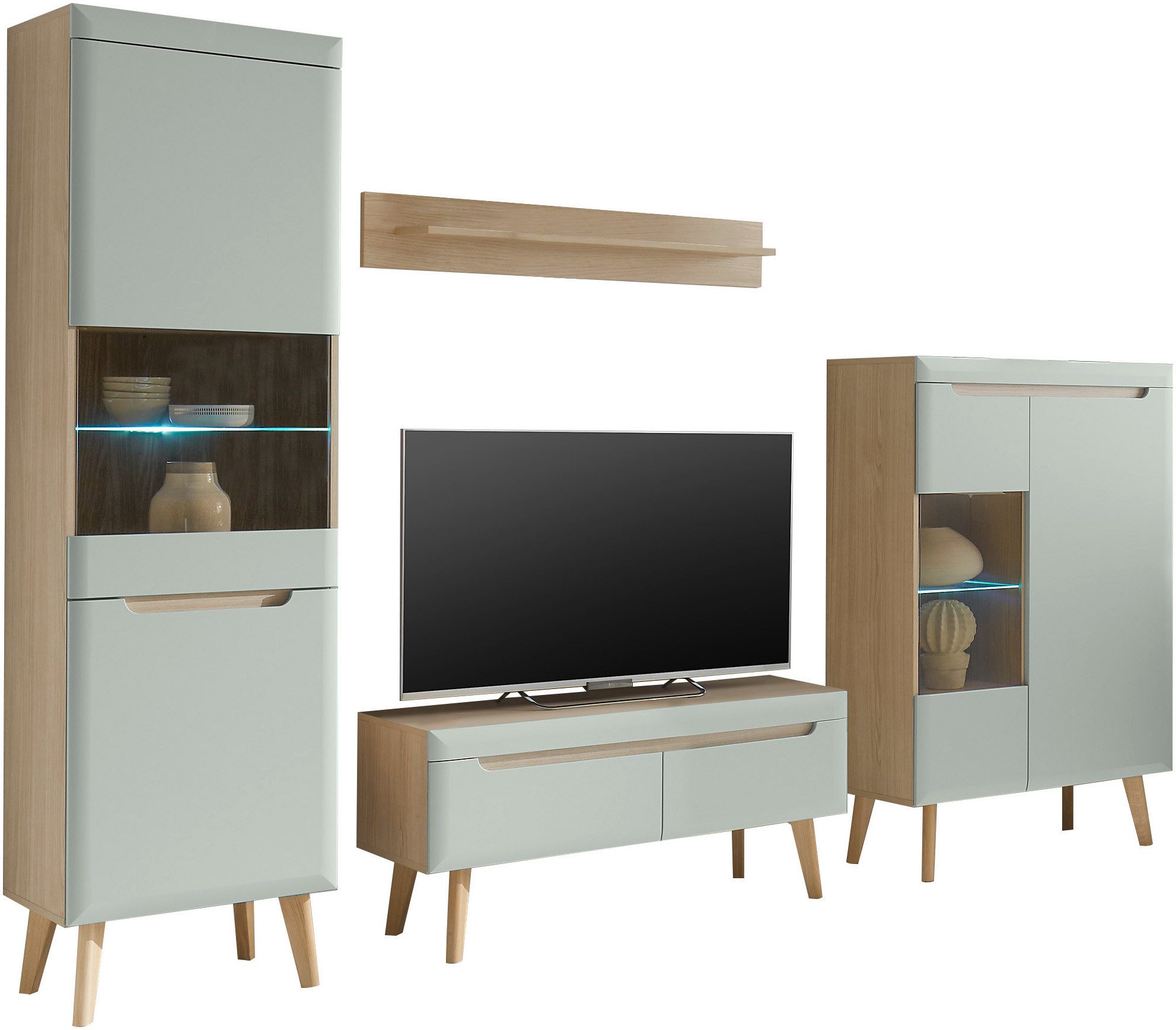 INOSIGN Wandmeubel Torge, wandmeubel, kastwand, mediawand, woonkamer-set bevat 2 vitrines, 1 lowboard + 1 wandplank, 290 cm breed (set, 4-delig)