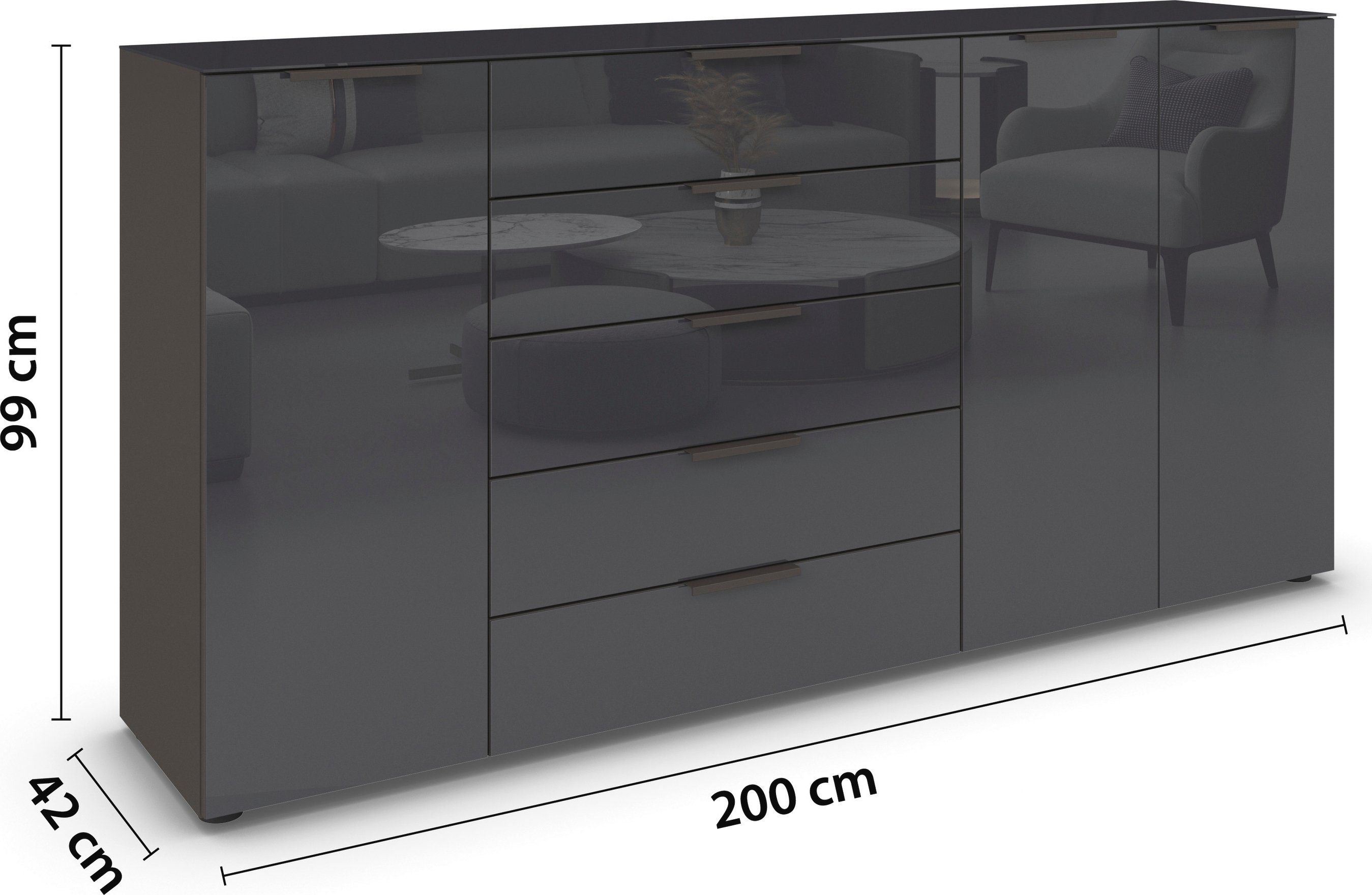 rauch Kast met laden en deuren Flipp 3-deurs, 5 lades, soft-close functie, bovenblad en glazen front