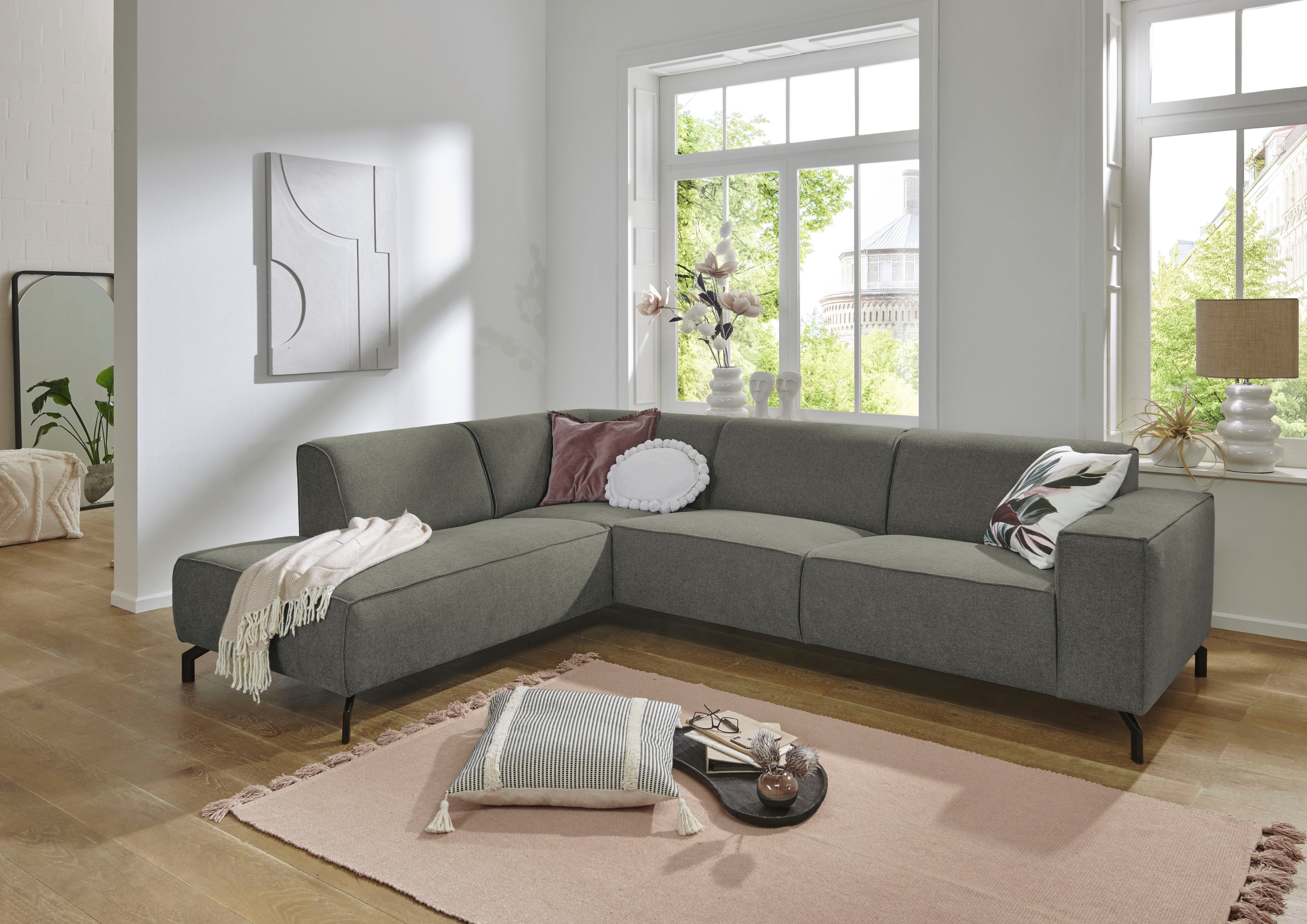 Places of Style Hoekbank Lorcan, breedte 275 cm, zacht zitgevoel met zwarte metalen poten, lederlook en zachte structuurstof