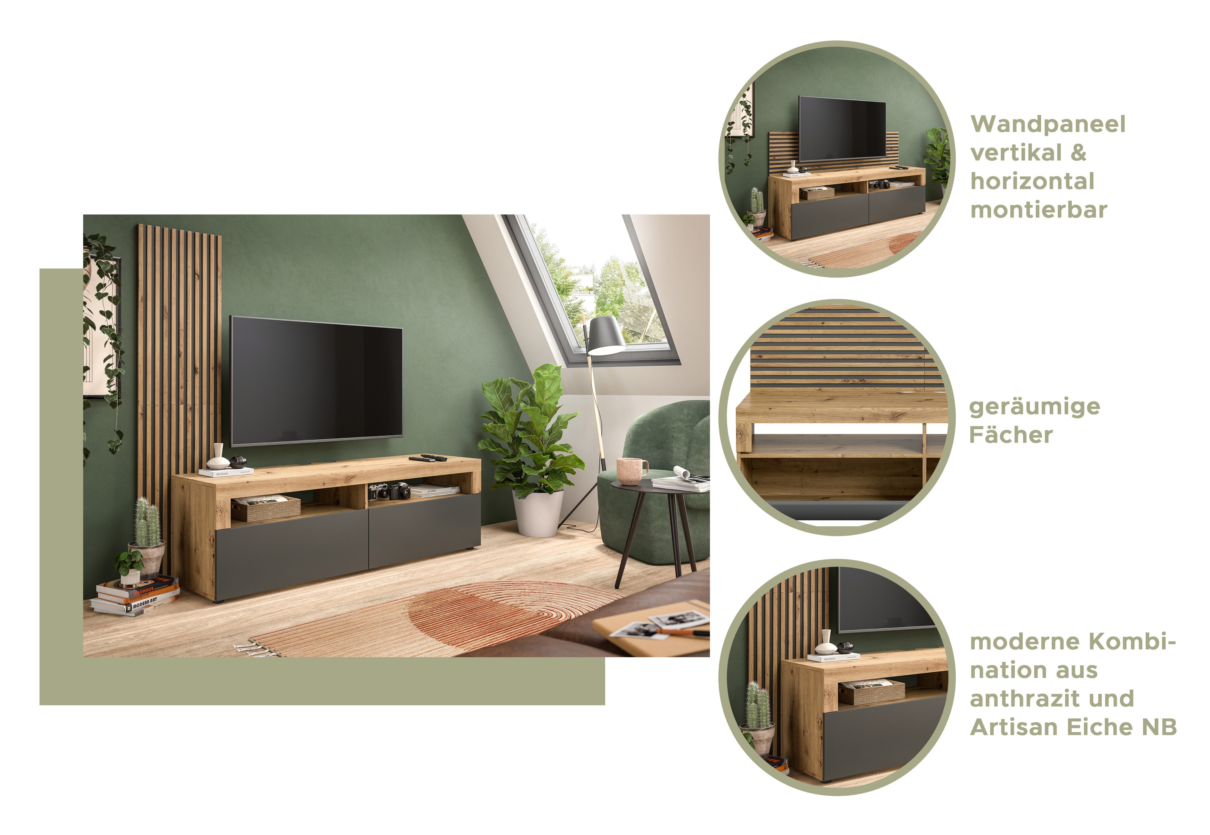INOSIGN Tv-meubel Telli, Breedte 160 cm, met 2 panelen, 2 kleppen & 2 open vakken