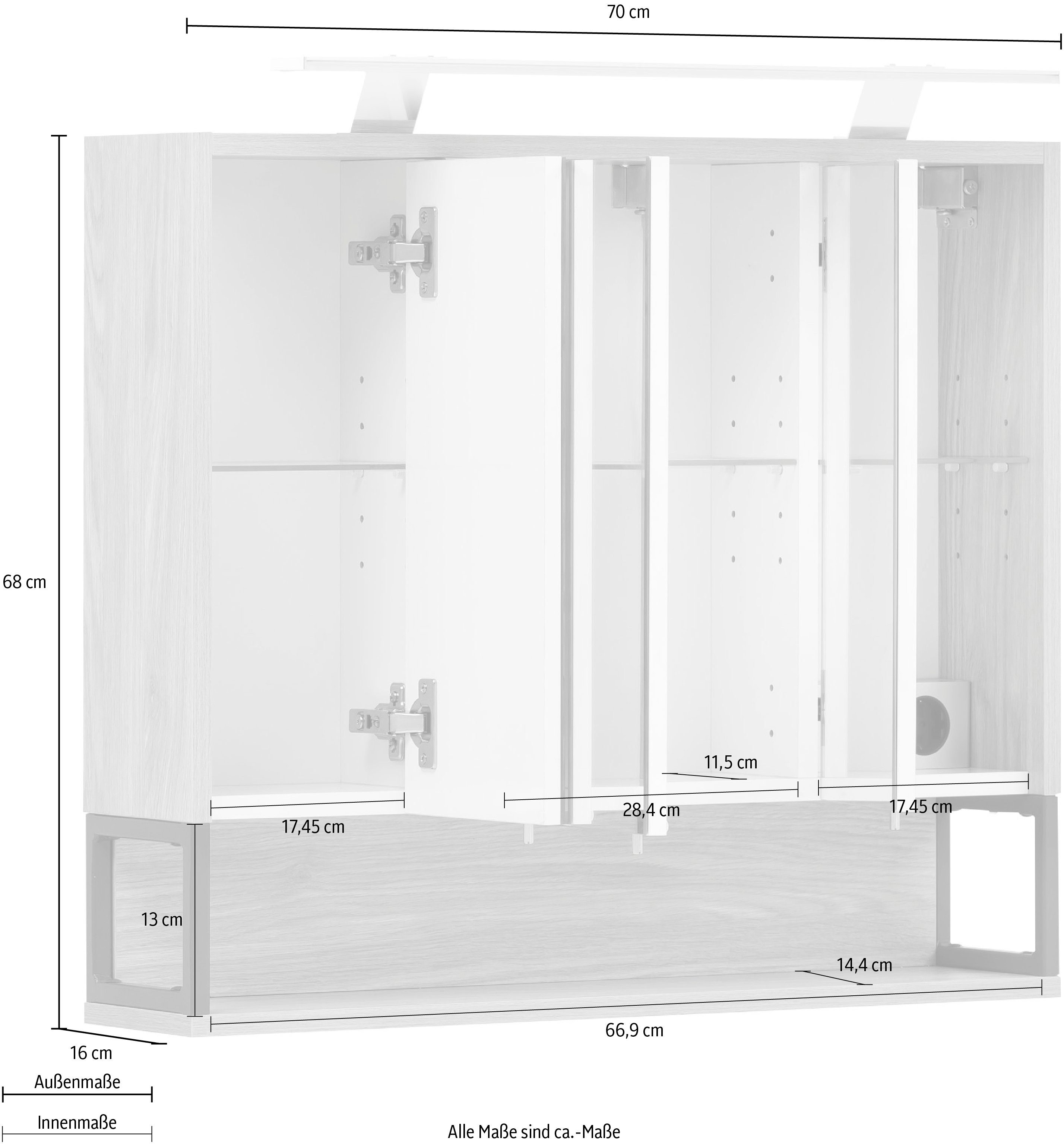 Schildmeyer Spiegelkast Limoen Breedte 70 cm, 3-deurs, ledverlichting, schakelaar-/stekkerdoos