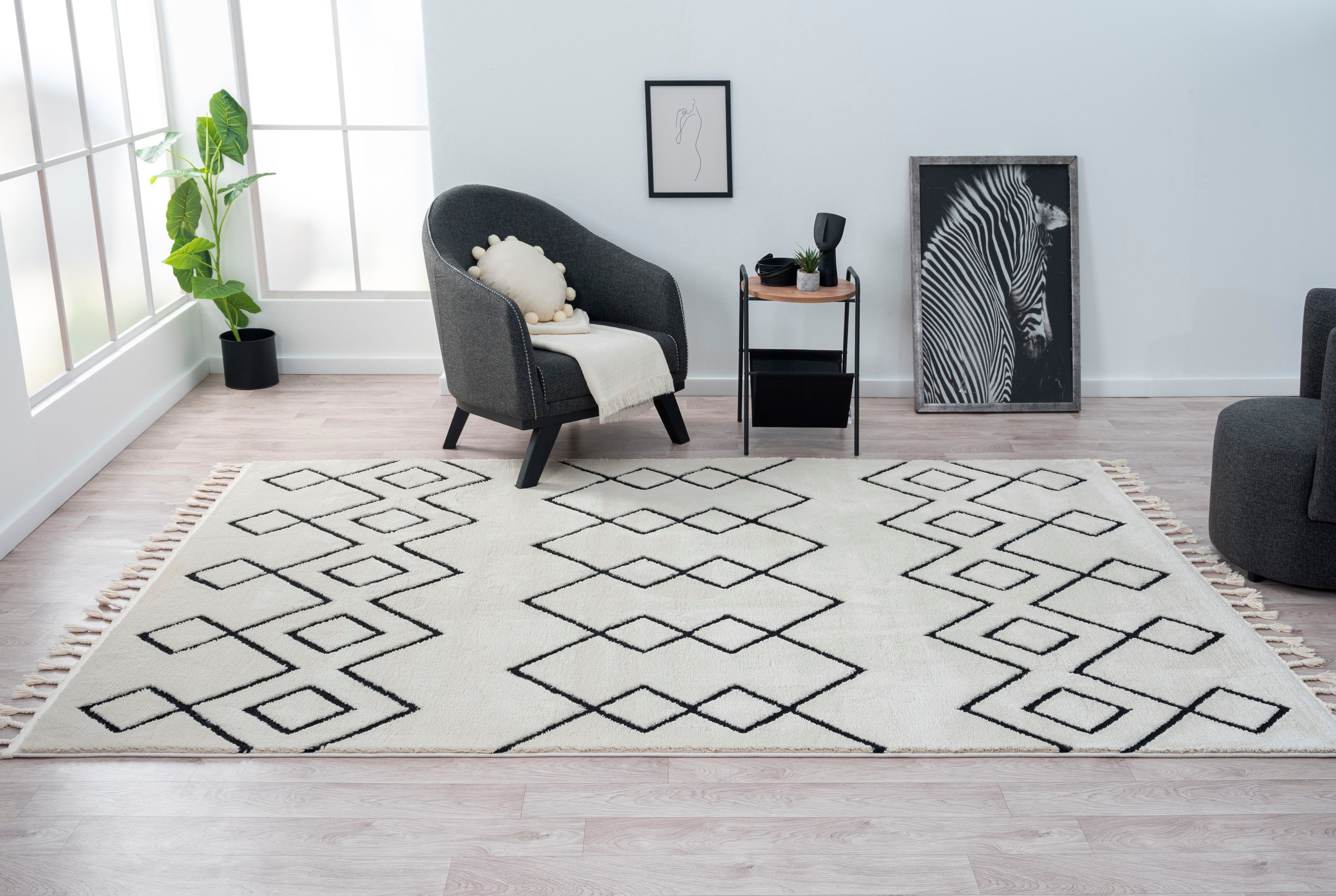 Myflair Möbel & Accessoires Hoogpolig vloerkleed Moroccan Mural modern, marokkaans ontwerp, fluffy zacht, met franjes