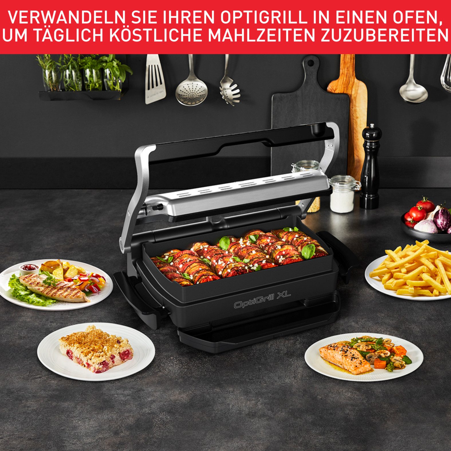 Tefal Contactgrill OptiGrill+ XL inkl. Backschale, manueller Modus mit 4 Temperaturen Bakschaal, 9 vaste programma’s, 4 temperatuurniveaus