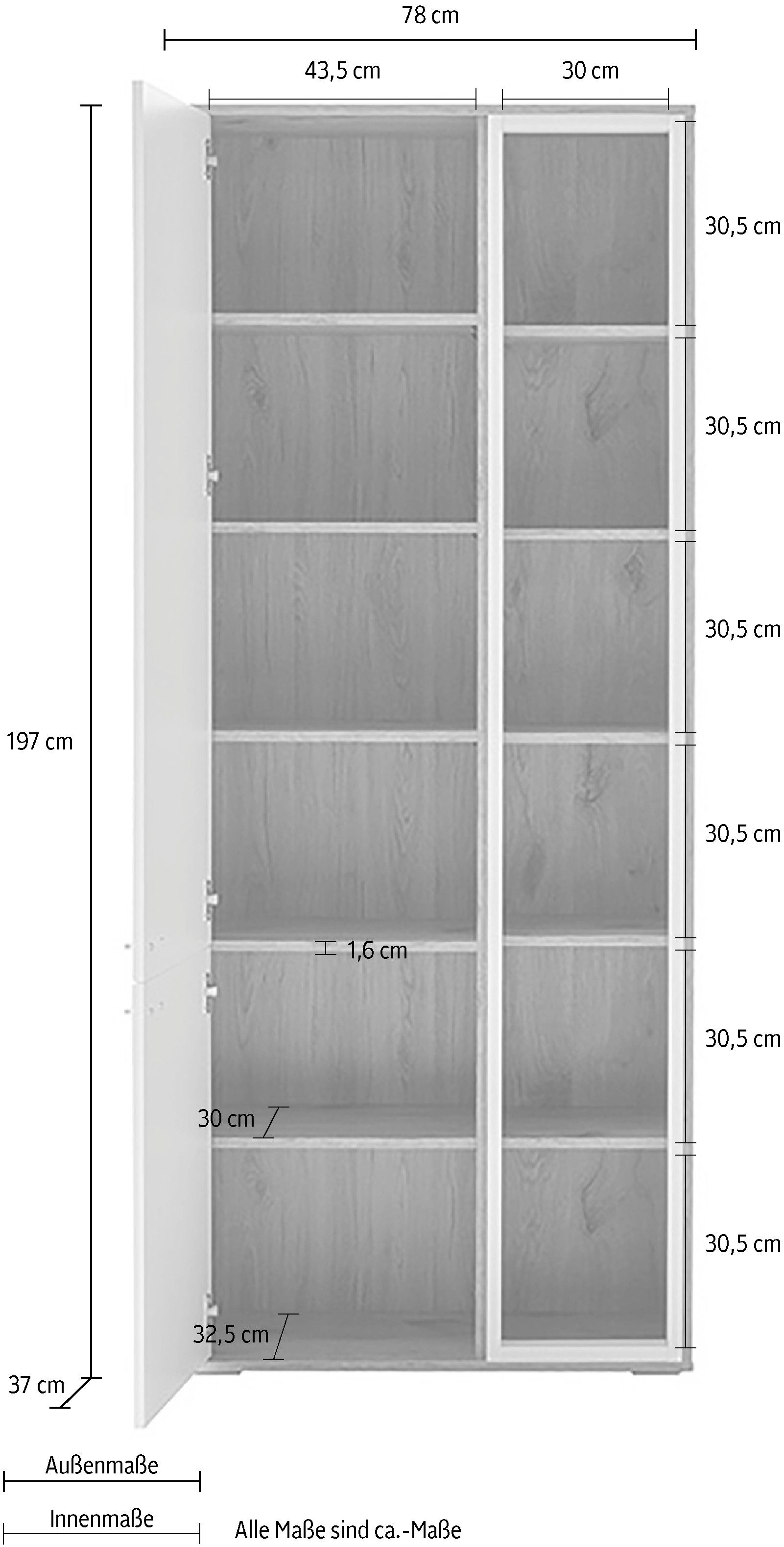 MCA furniture Vitrinekast SANTERNO 2 deuren gedempt, 6 vakken, metalen handgrepen in nikkel kleur, hoogte 197 cm