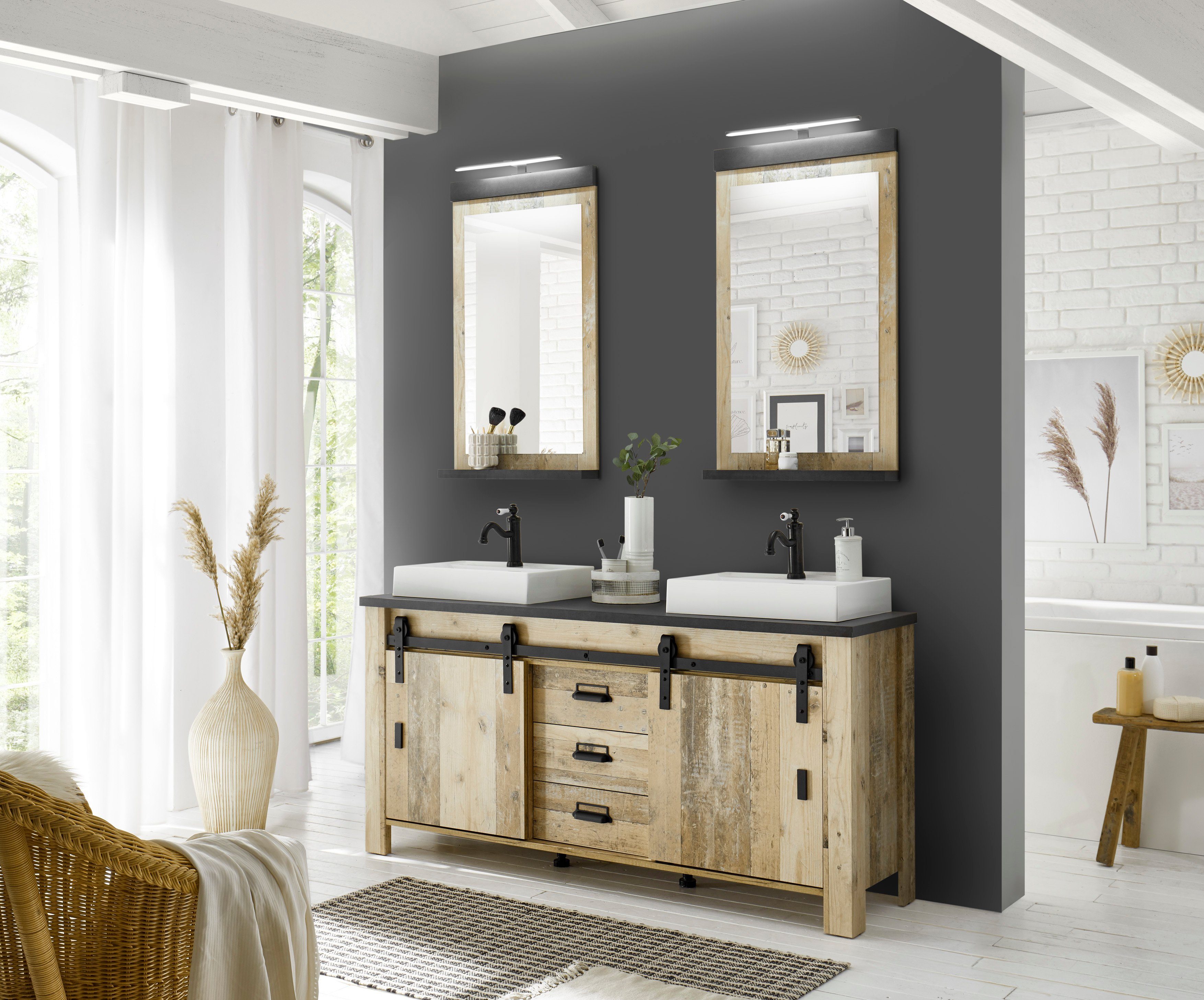 Home affaire Wastafelonderkast Sherwood Hout, schuurdeurbeslag en apothekersgrepen van metaal, hoogte 91 cm (1 stuk)