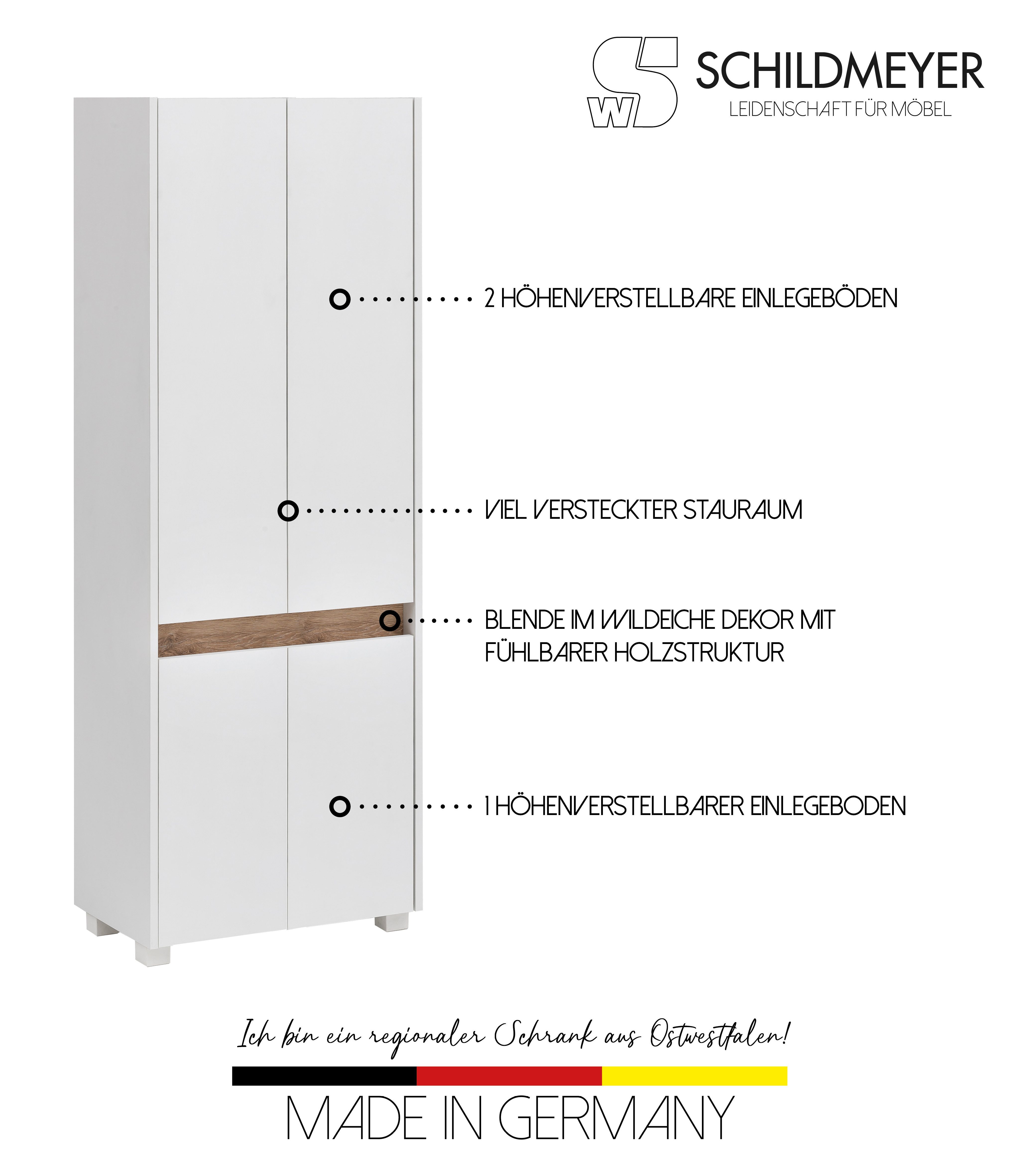 Schildmeyer Hoge kast Cosmo in verschillende kleuren Made in Germany Breedte 57 cm, badkamerkast, lijst in moderne wildeiken-look