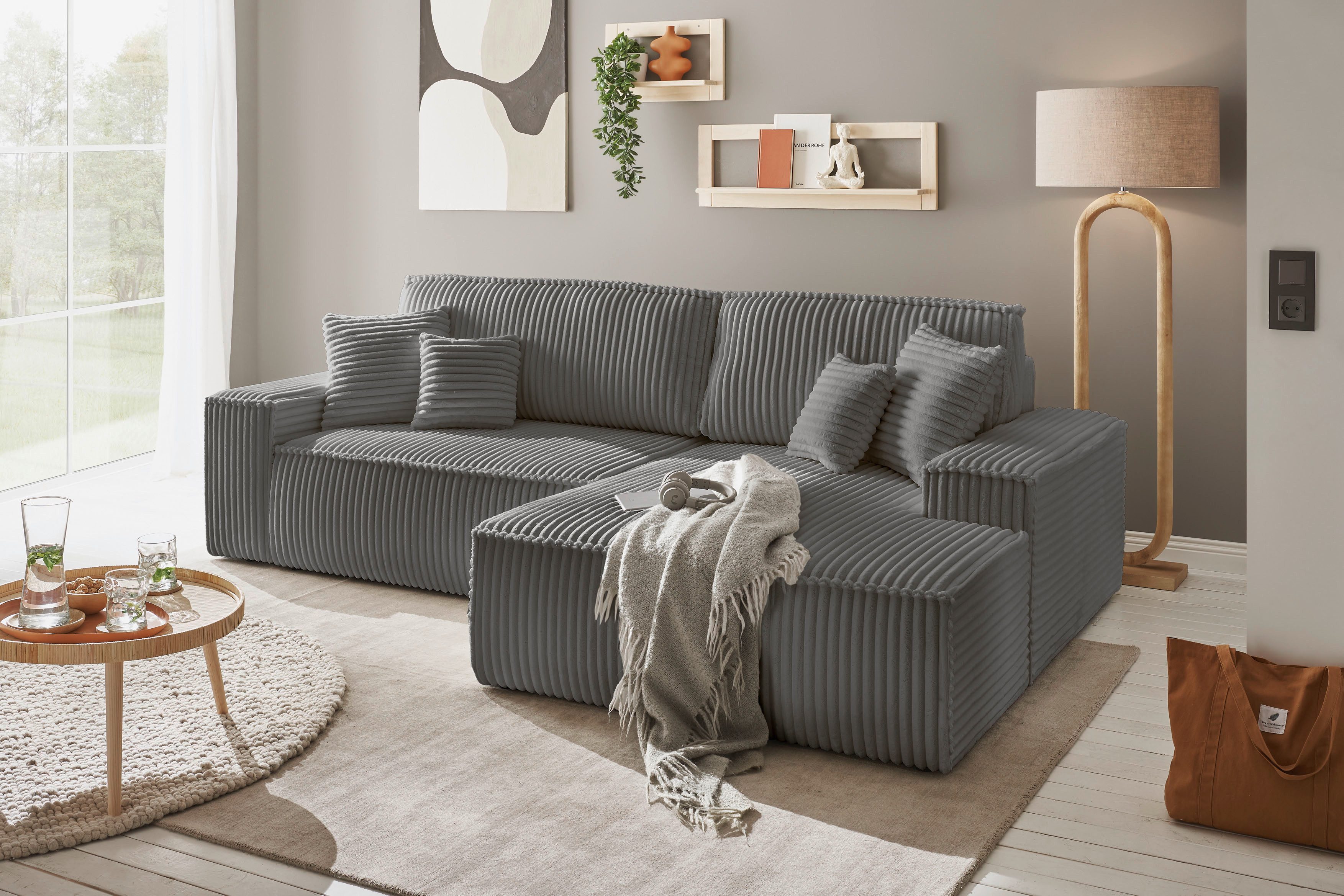 andas Hoekbank Finnley slaapbank 267 cm in Bouclé, fijne structuur en cord, L-vorm