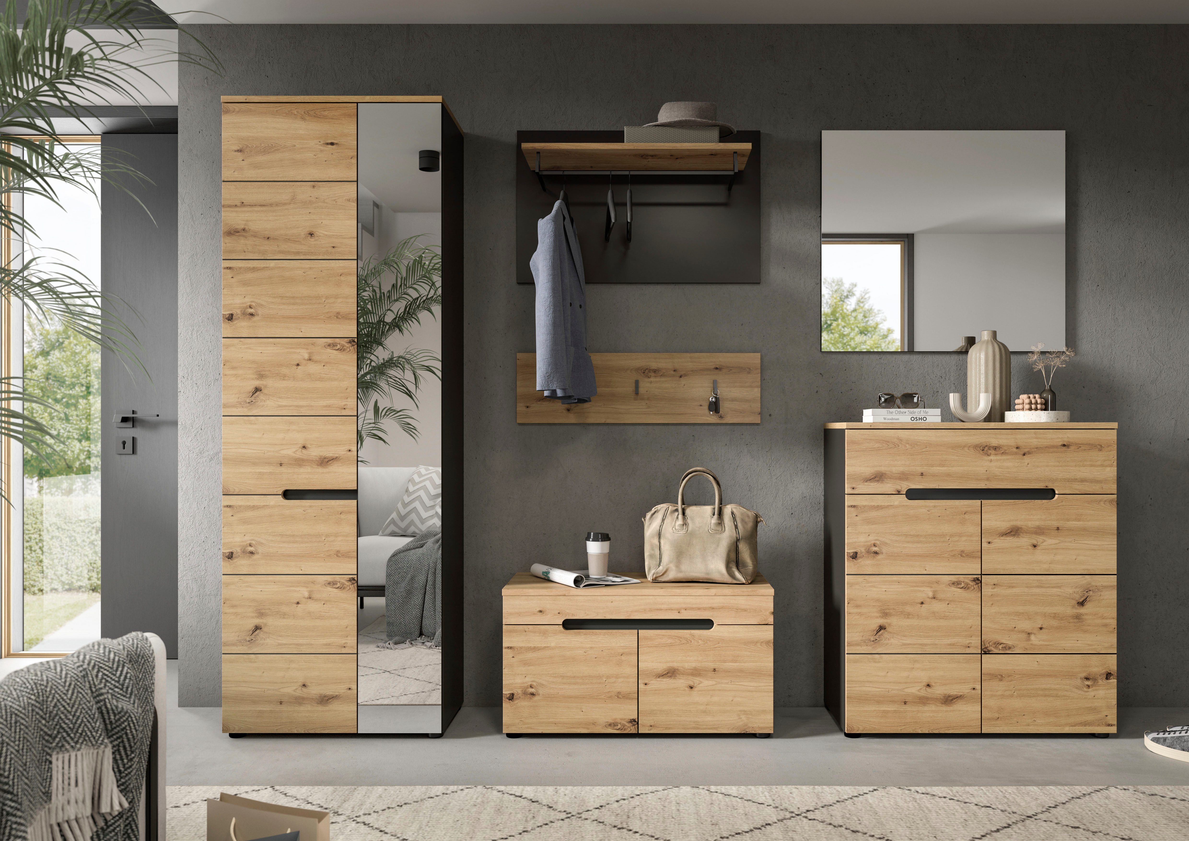 INOSIGN Halmeubelset Garderobecombinatie Rehat, breedte 255cm,in basalt grijs/Artisan eiken Halmeubelen, gangmeubelen, combinatie, hal, garderobe, garderobemeubelen (6 stuks)