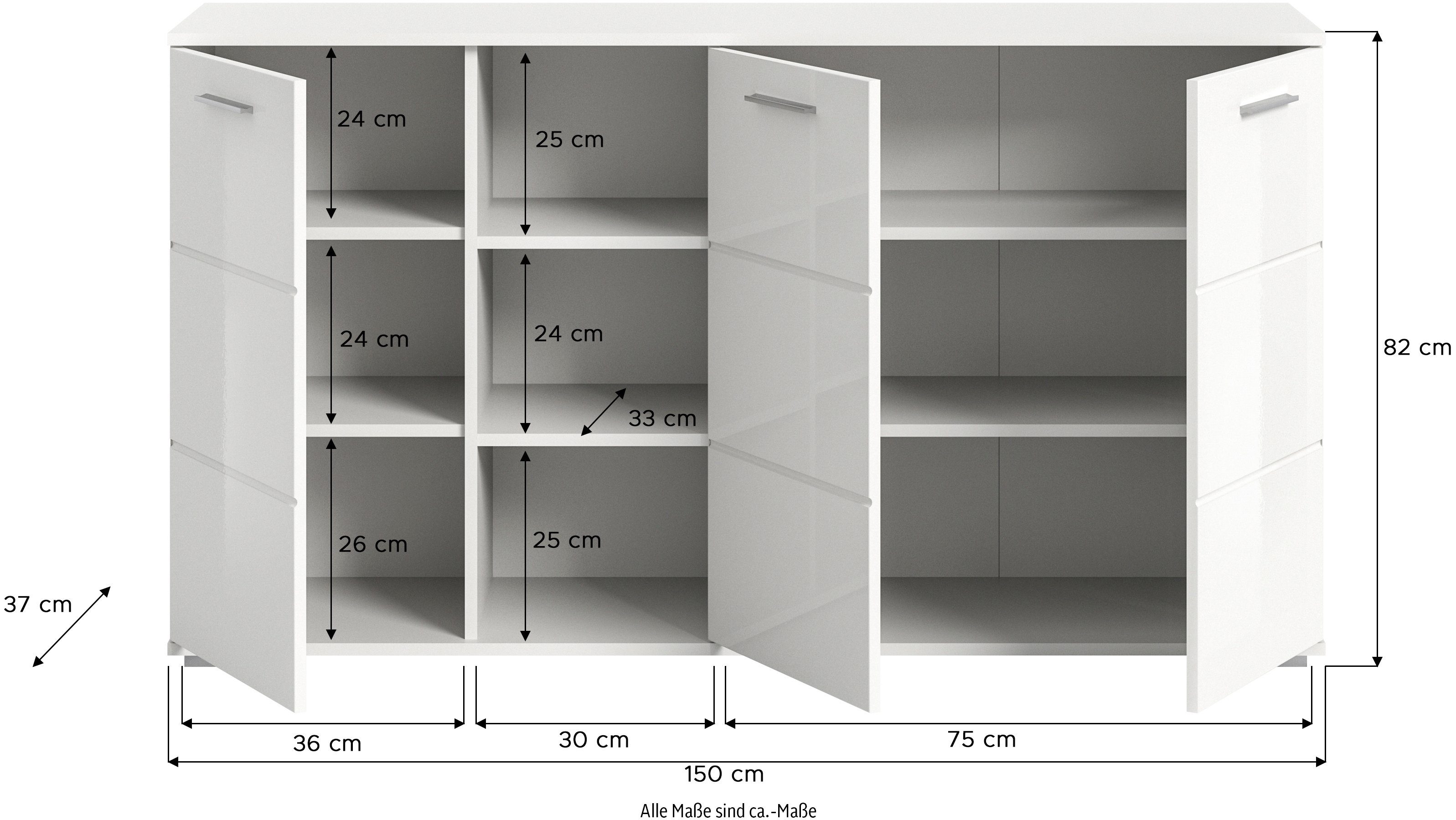 INOSIGN Dressoir Valge, Breedte 150 cm, 3 Deuren, 4 in hoogte verstelbare Planken, 3 Open Vakken